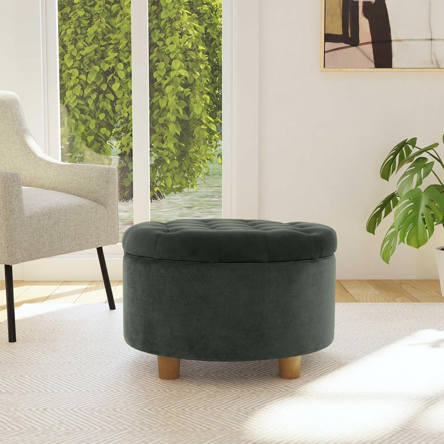 Handcrafted Loden Green Velvet Storage Ottoman 28In