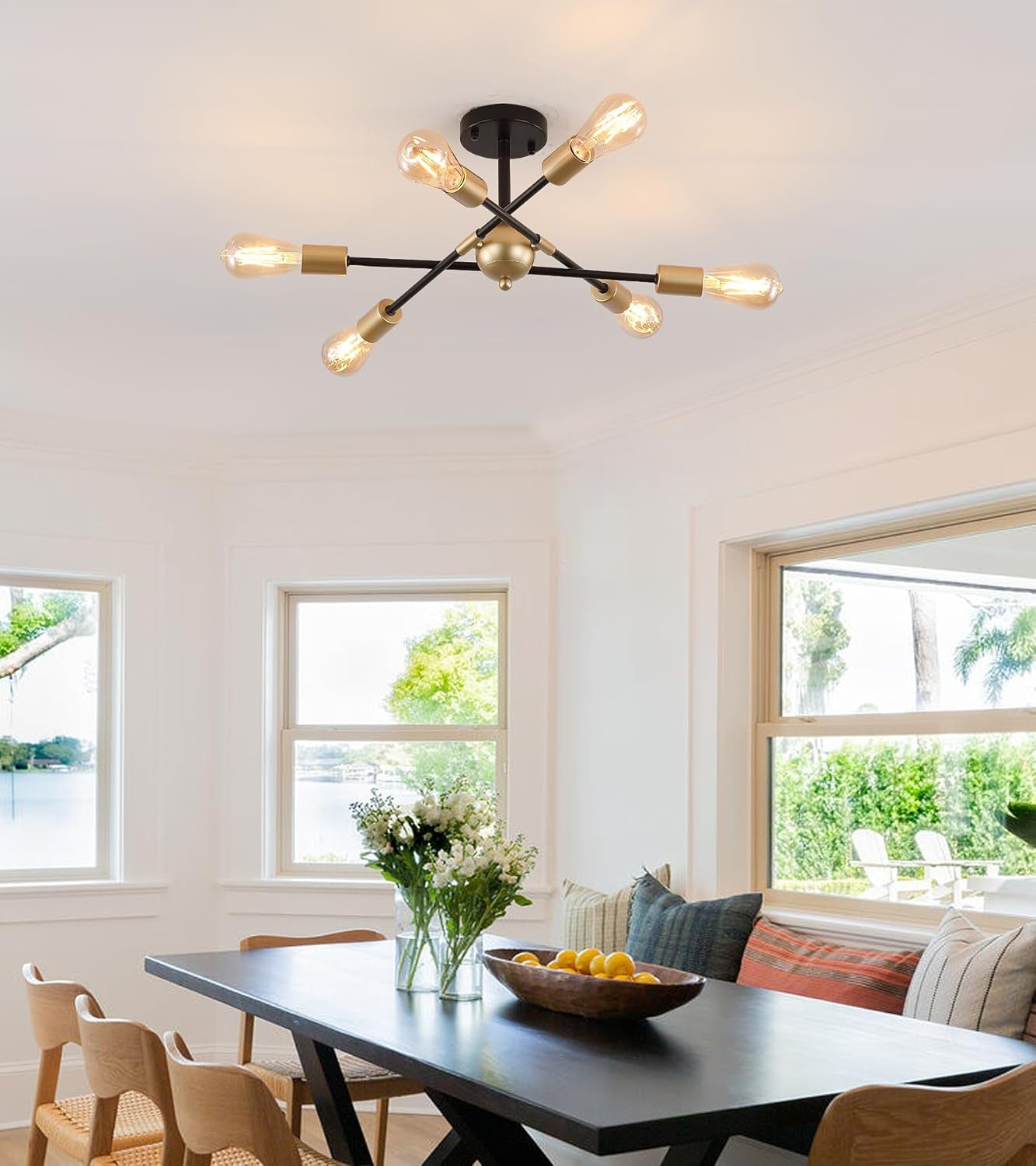 Black And Gold 6 Light Sputnik Ceiling Chandelier Semi Flush Mount UL Listed