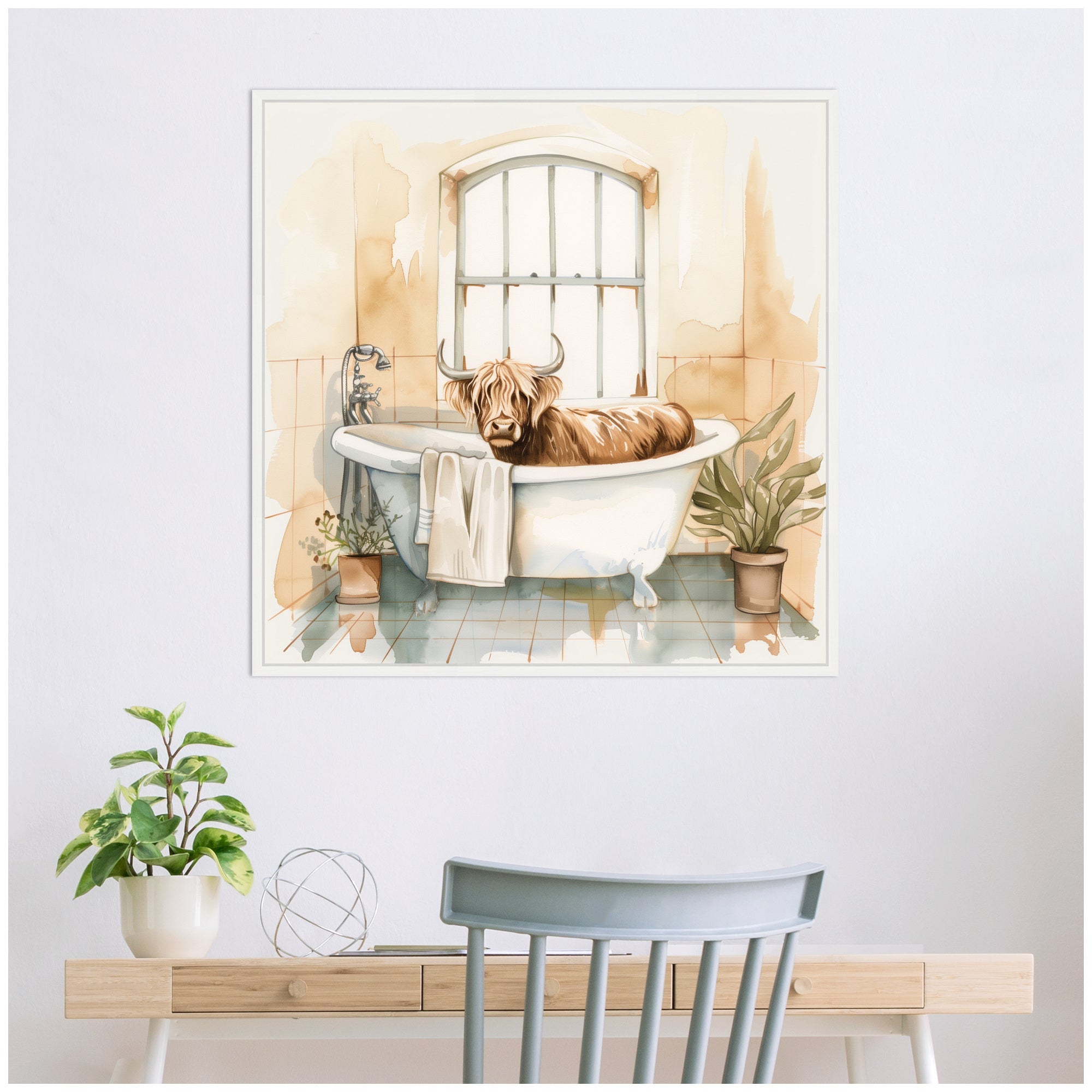 Sylvie Highland Cow Bathroom Watercolor Framed Canvas by The Creative Bunch Studio