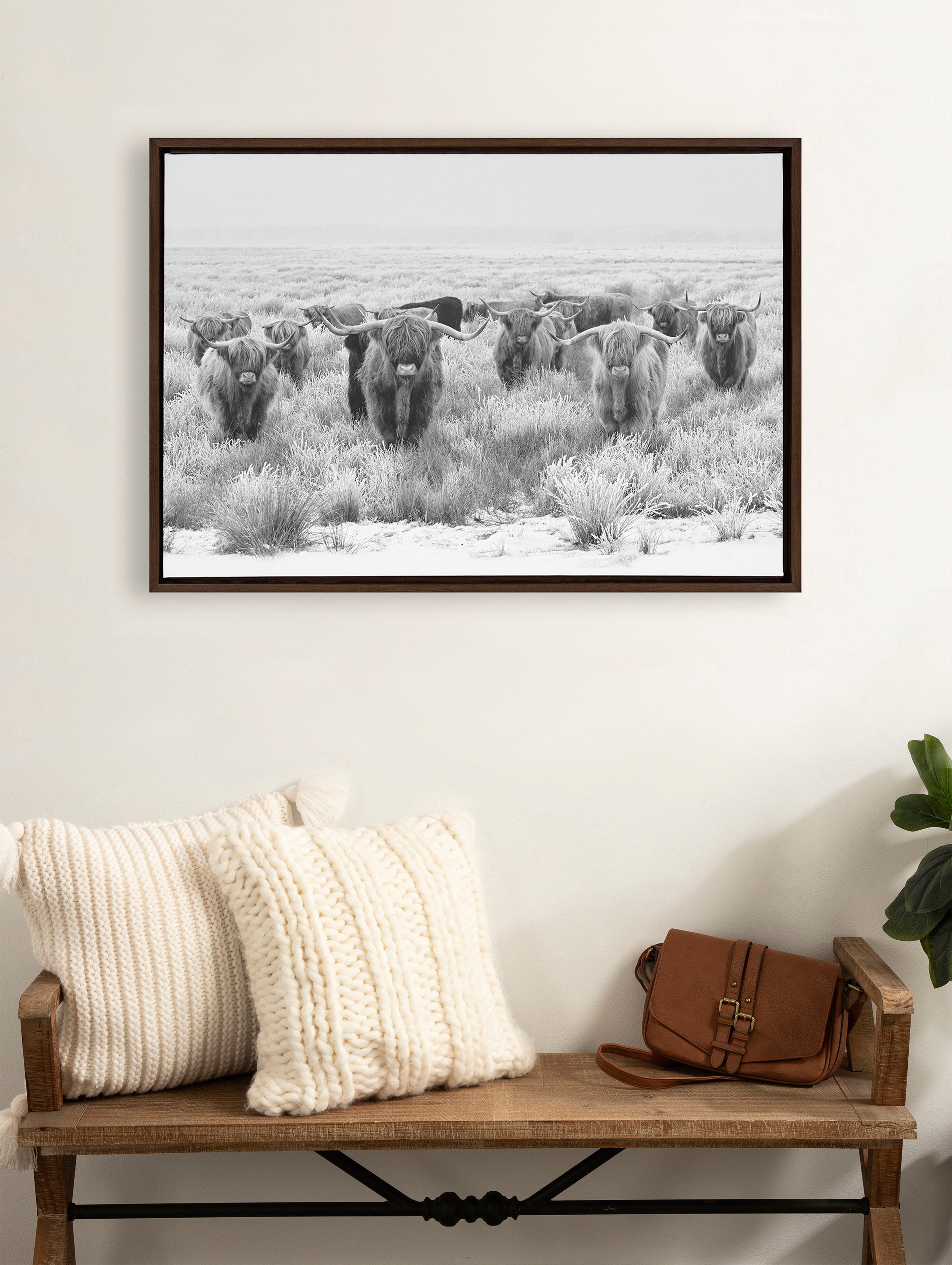 Sylvie Herd of Highland Cows Black and White Framed Canvas by The Creative Bunch Studio