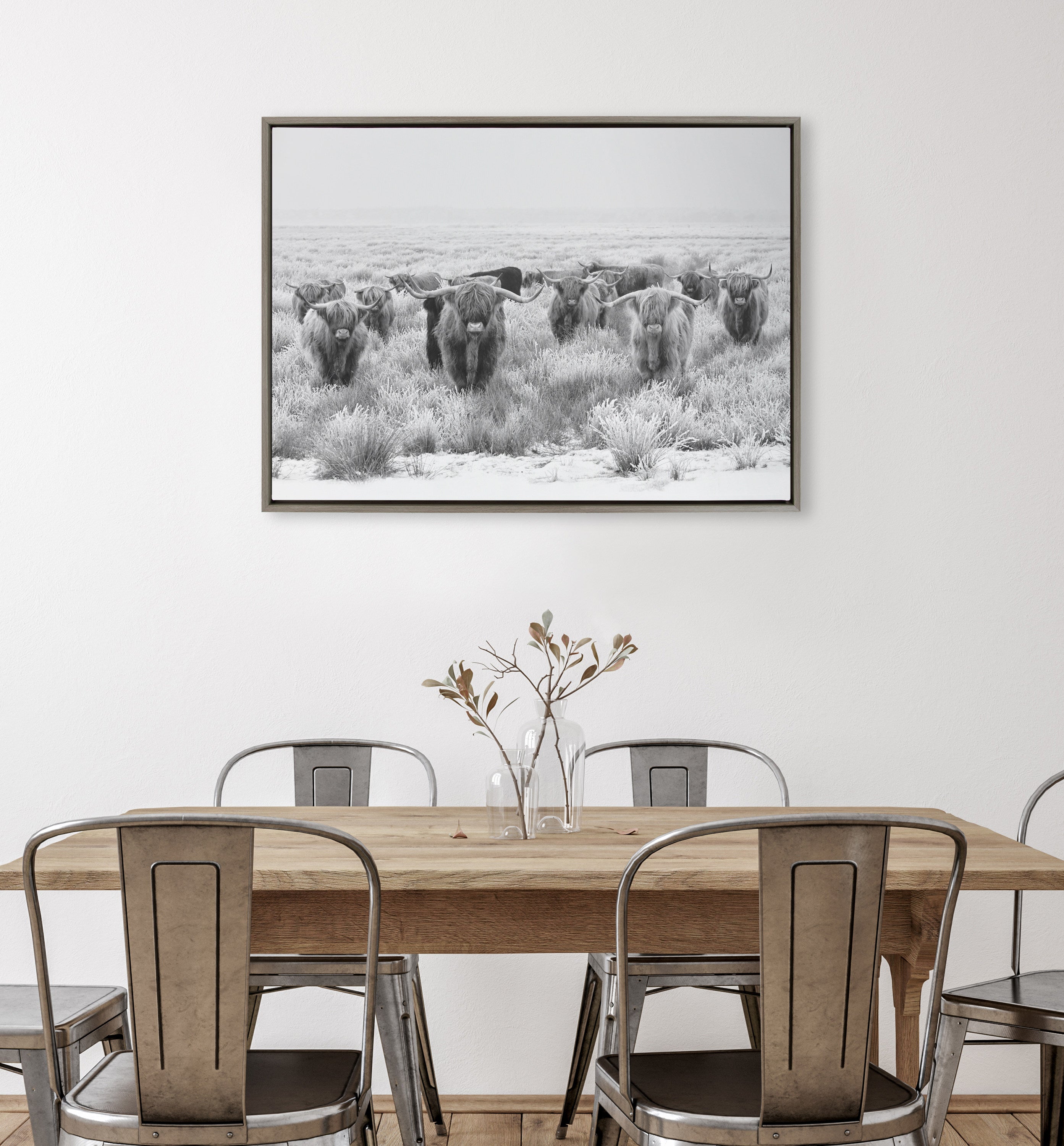 Sylvie Herd of Highland Cows Black and White Framed Canvas by The Creative Bunch Studio