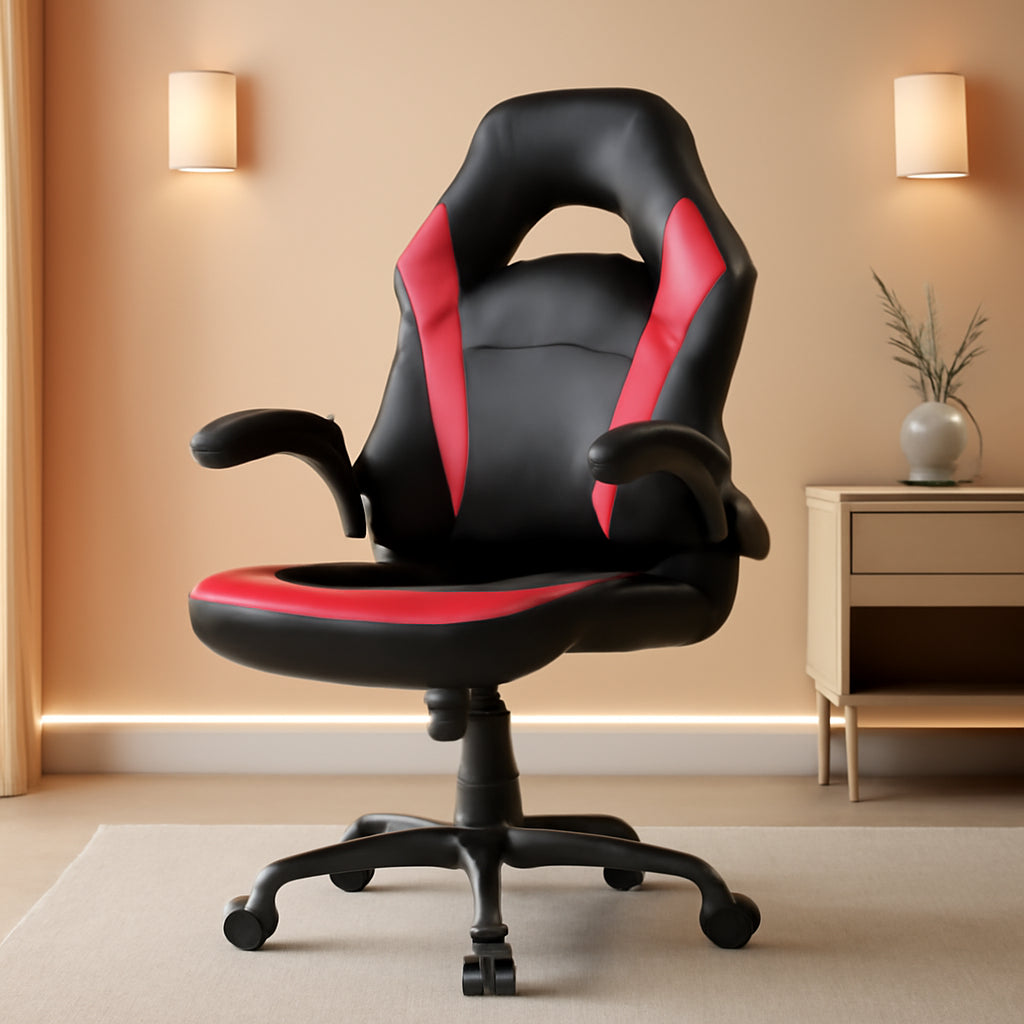 Black Red Leather Gaming Chair With Flip Up Armrests