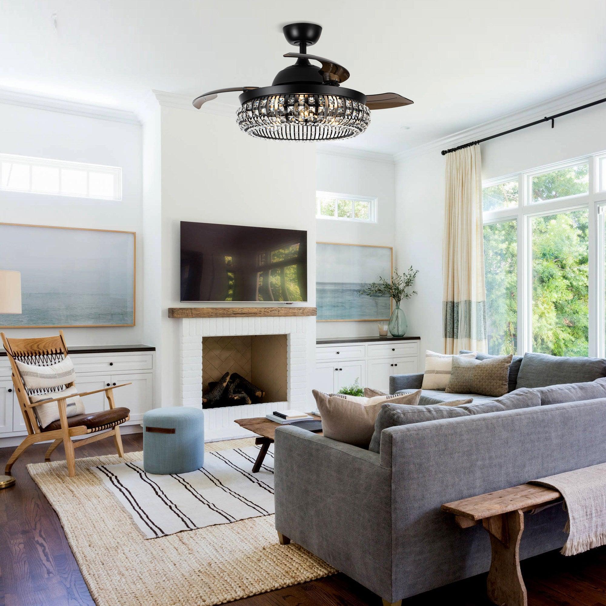 42" Modern Downrod Mount Crystal Ceiling Fan with Lighting and Remote Control