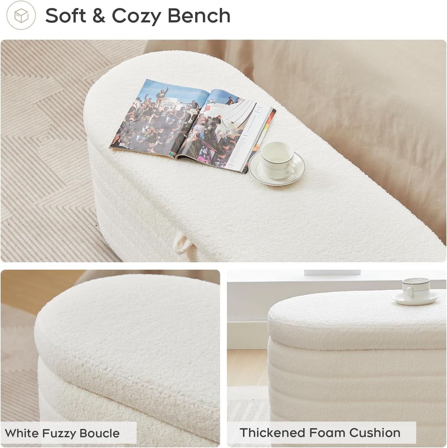 45 Inch Storage Ottoman Bench Boucle Upholstery Fabric