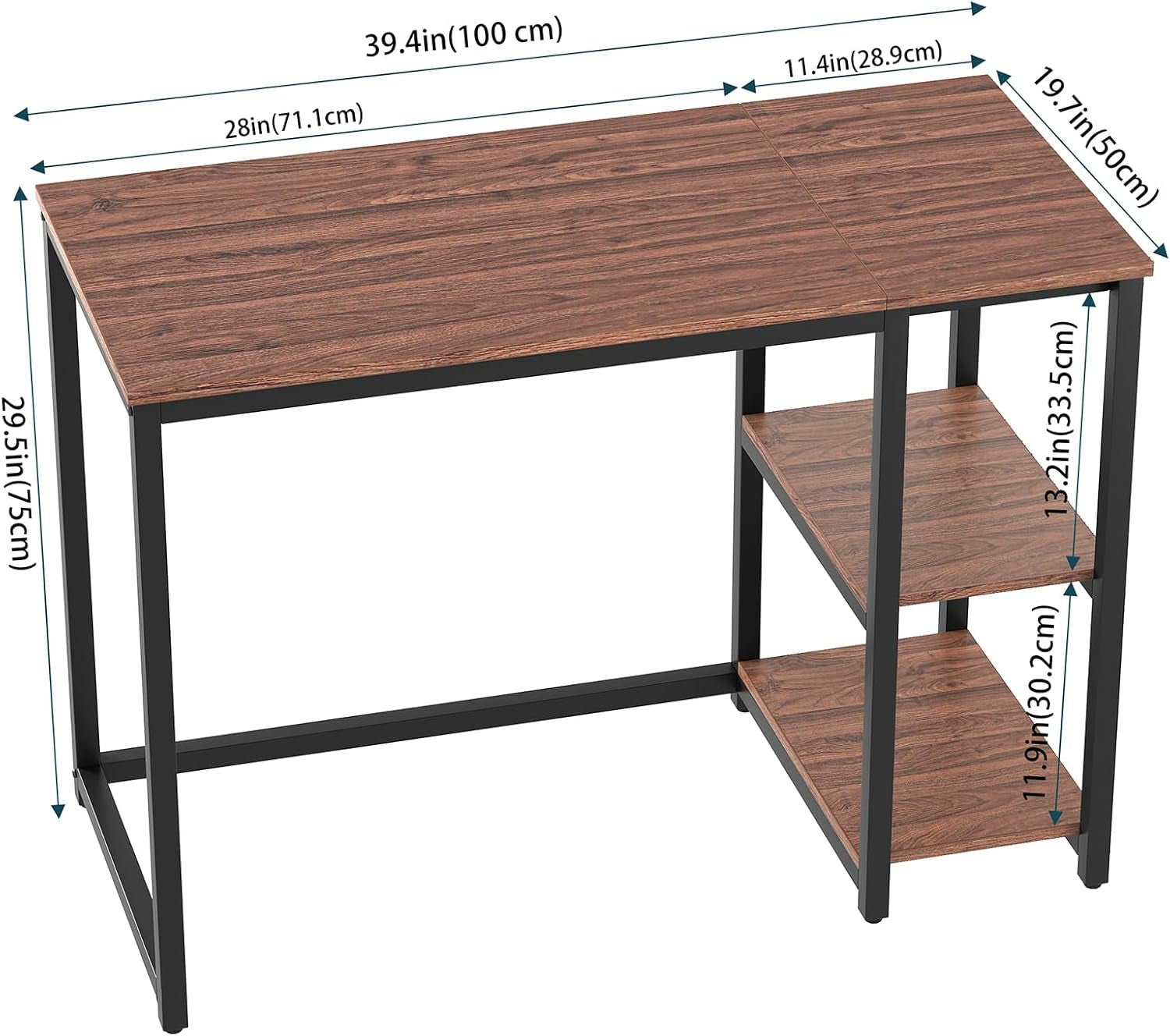 40 Inch Computer Desk With 2 Shelves Brown Sturdy Home Office Gaming Desk