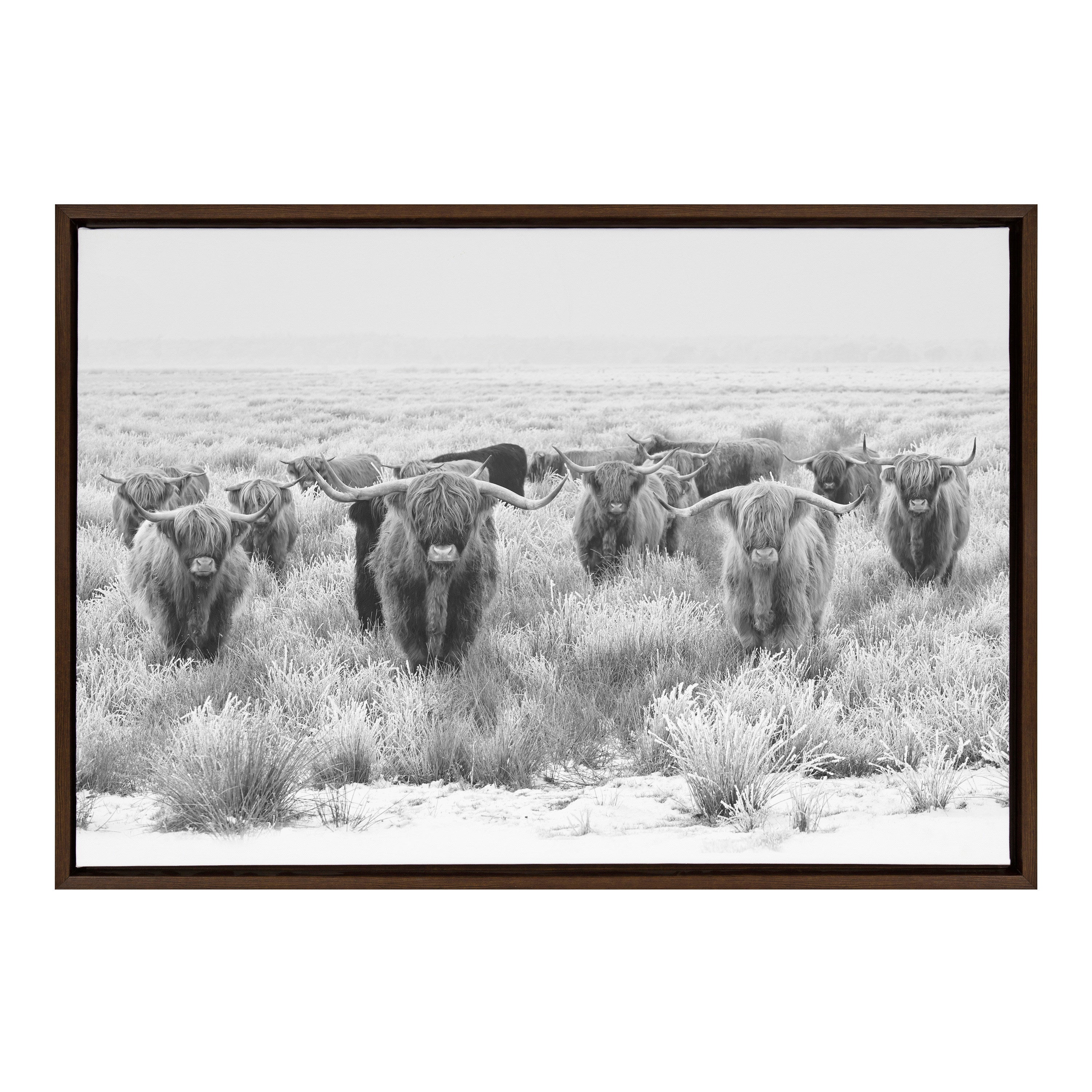 Sylvie Herd of Highland Cows Black and White Framed Canvas by The Creative Bunch Studio