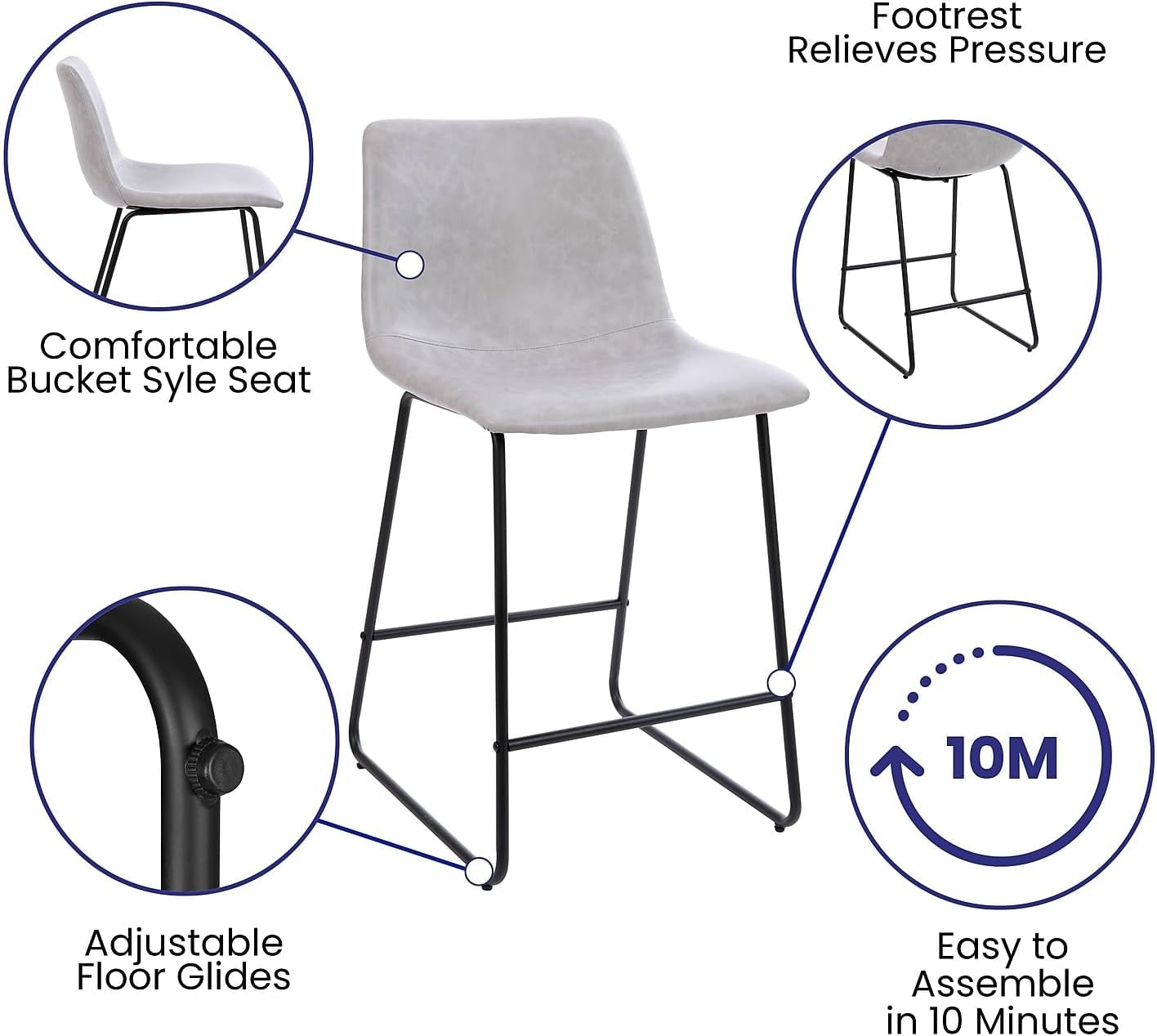 Reagan 24 Inch LeatherSoft Counter Height Bar Stools Set Of 2 Light Gray