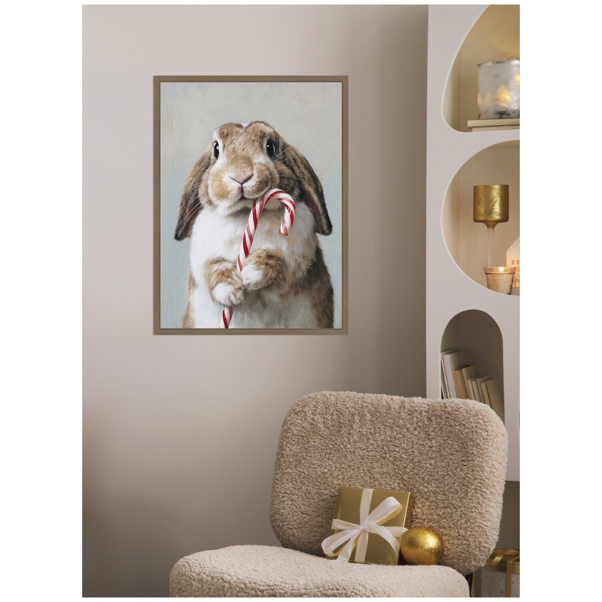 Sylvie Framed Canvas Cute Bunny Candy Cane by The Creative Bunch Studio