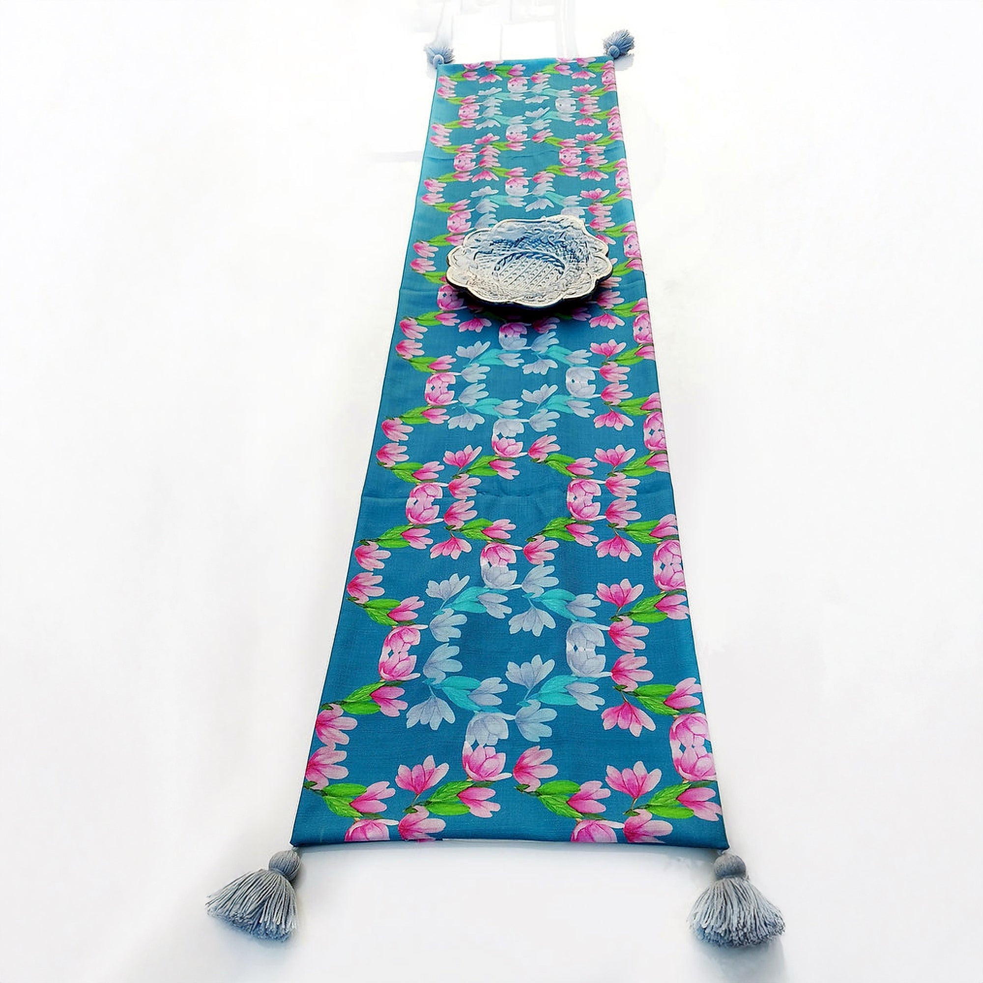 Teal Blue Floral Table Runner | Organic Linen | Tassel Trim | 92-305cm-3