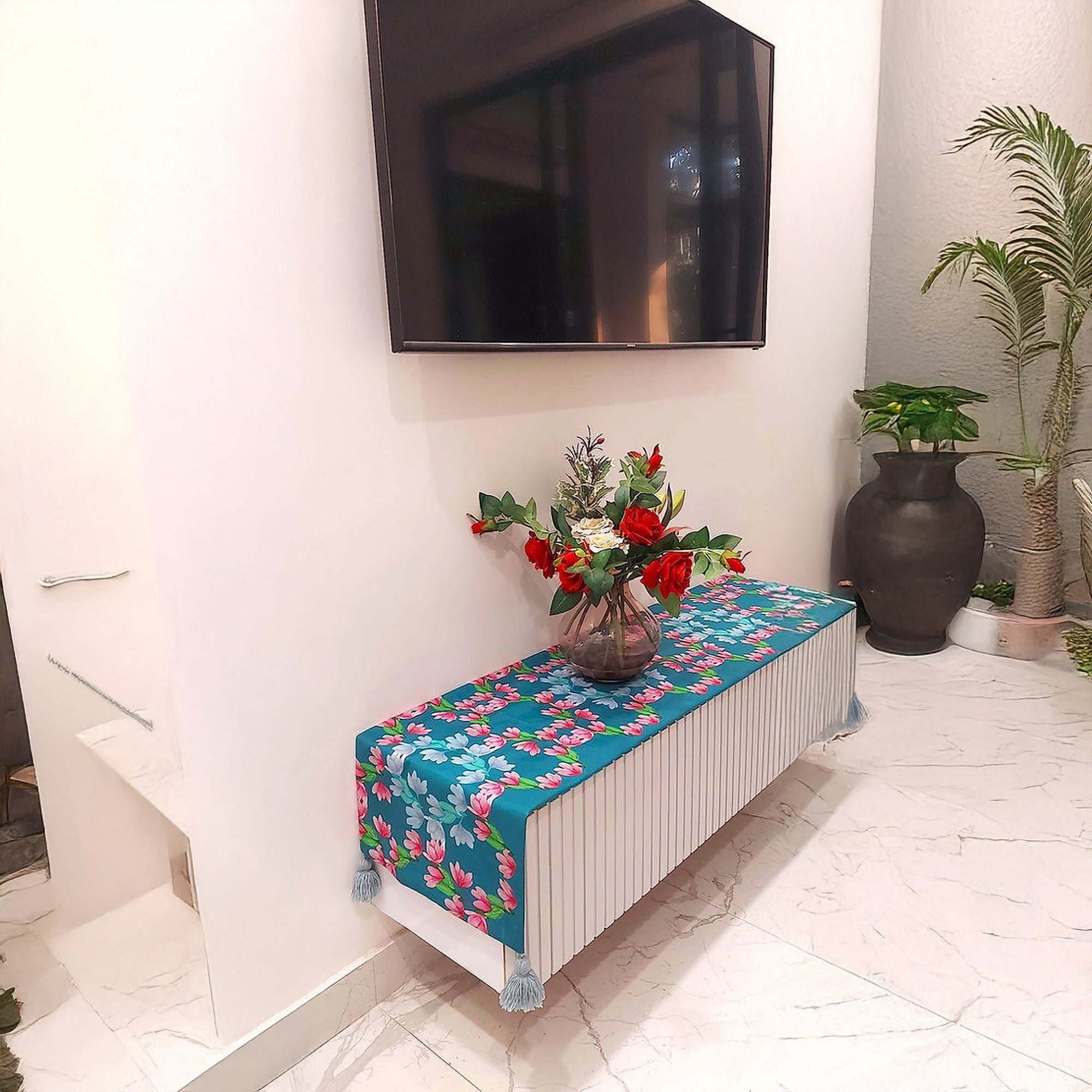 Teal Blue Floral Table Runner | Organic Linen | Tassel Trim | 92-305cm-4