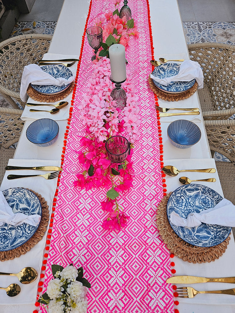 Organic Cotton Table Runner | Aztec Geometric Pattern | Pom Pom Trim | 92-305cm-4