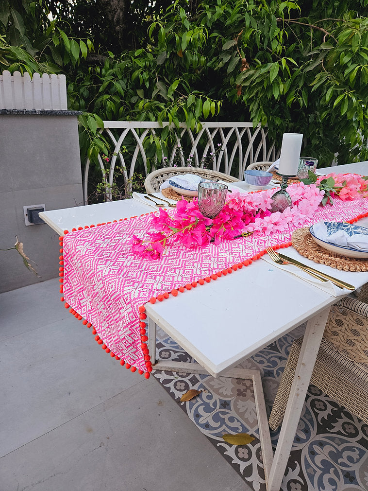 Organic Cotton Table Runner | Aztec Geometric Pattern | Pom Pom Trim | 92-305cm-2