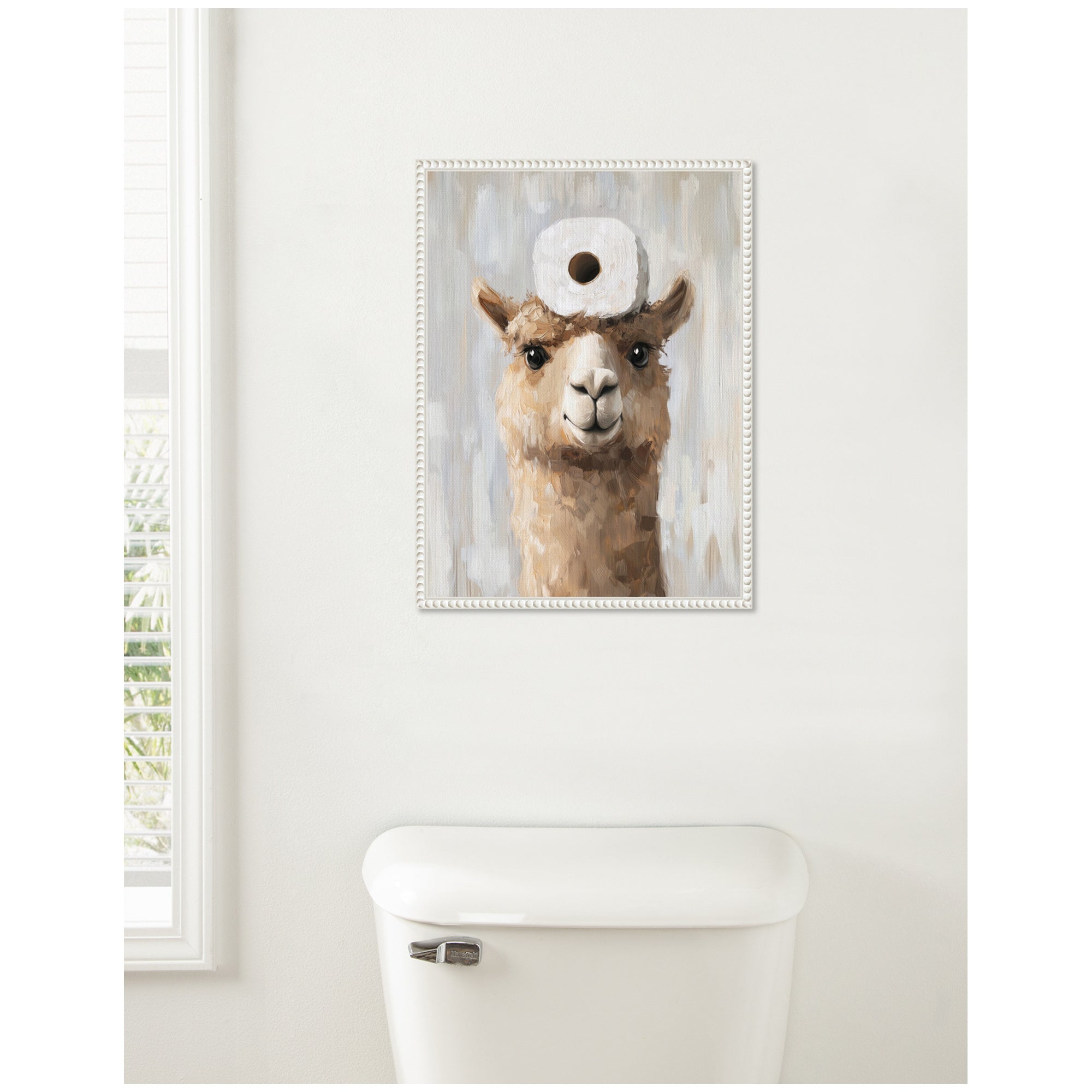 Sylvie Toilet Paper Roll on Cute Alpaca Head Bathroom Art Framed Canvas by The Creative Bunch Studio