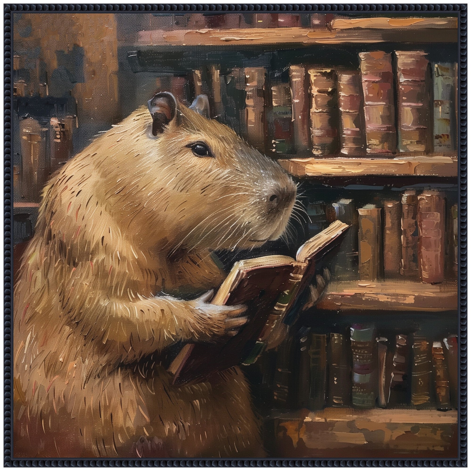 Sylvie Colorful Traditional Capybara Reading in Library Framed Canvas by The Creative Bunch Studio