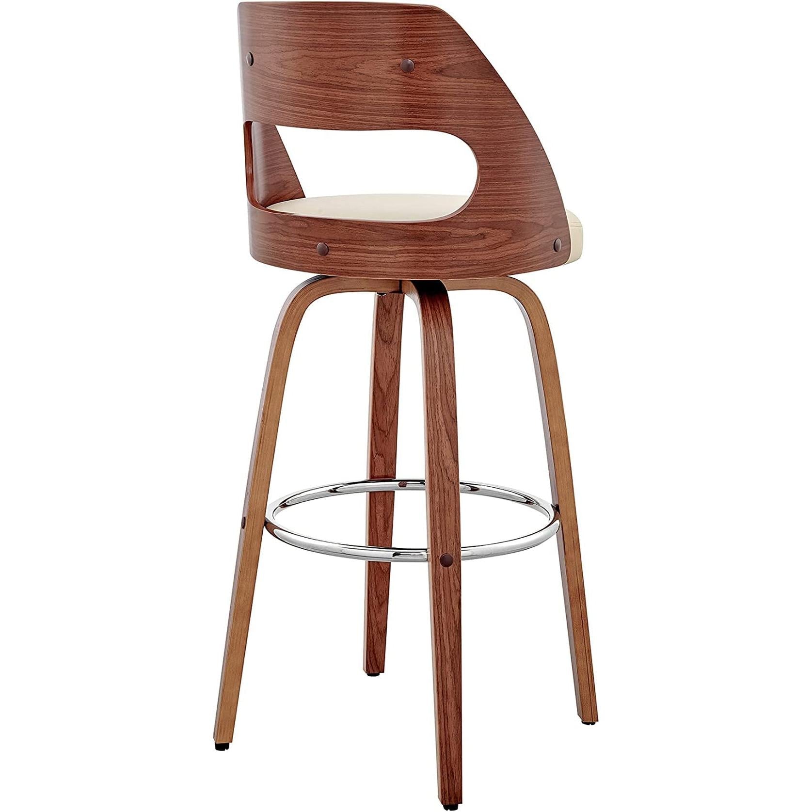 Cream Faux Leather Walnut Wood Bar Stool Swivel 360 Degree
