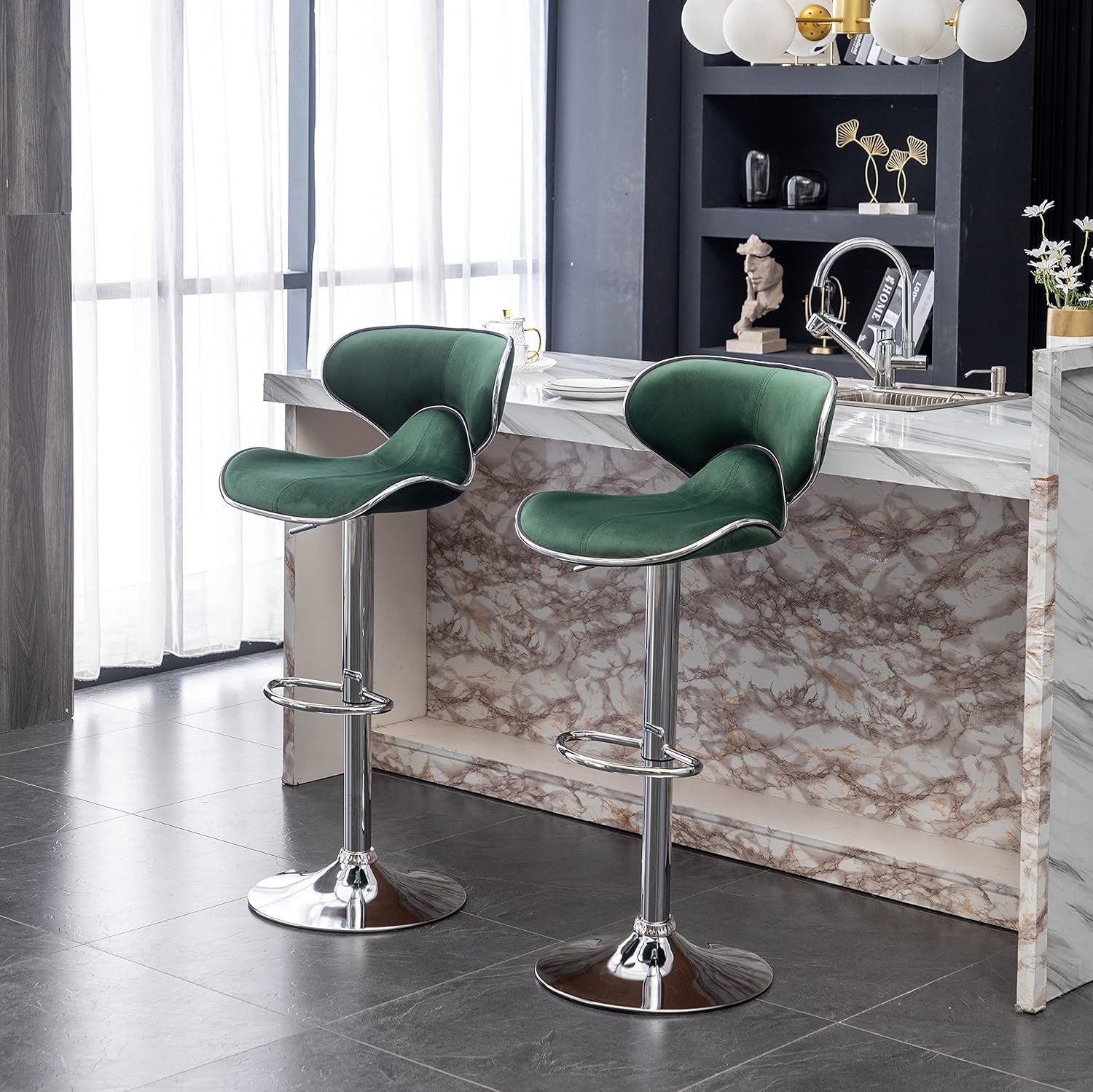 Green Velvet Upholstered Adjustable Swivel Bar Stools Set 2