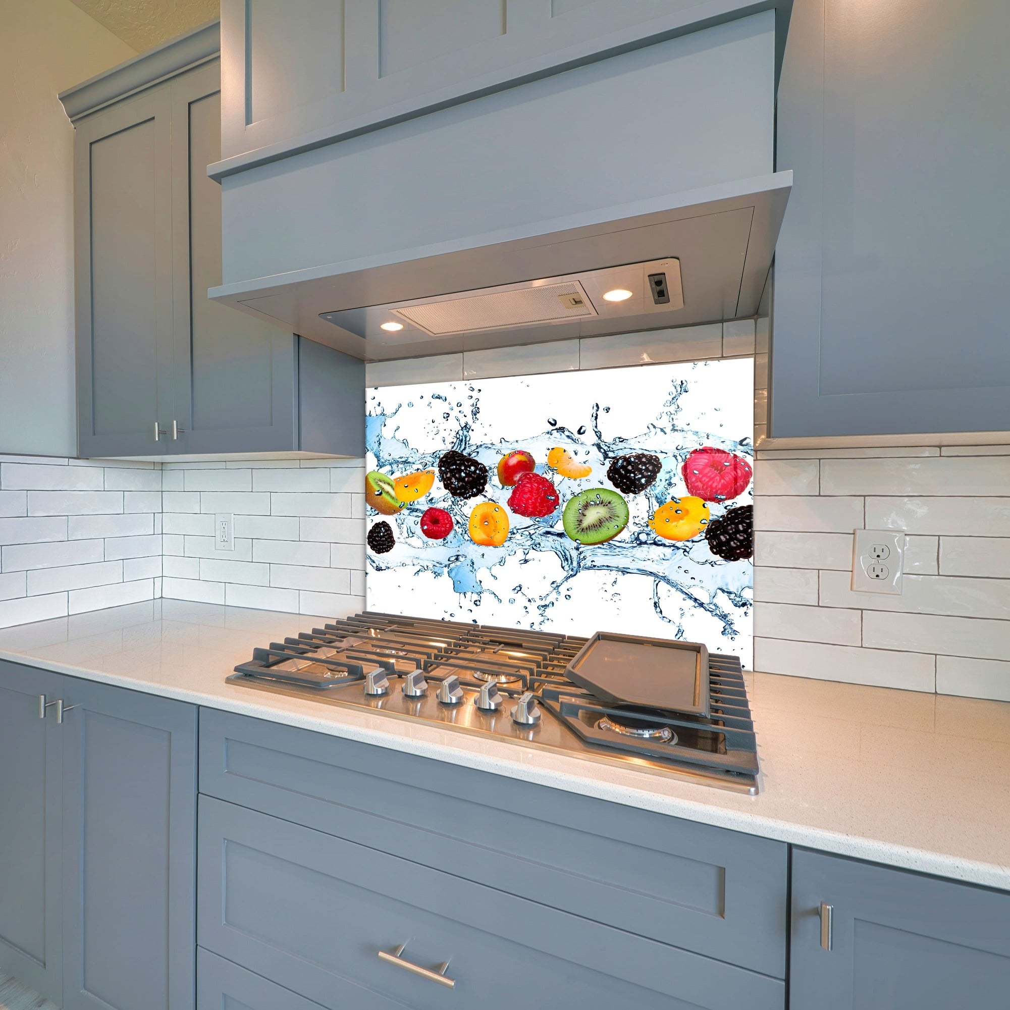 Modern white glass backsplash, fruit print