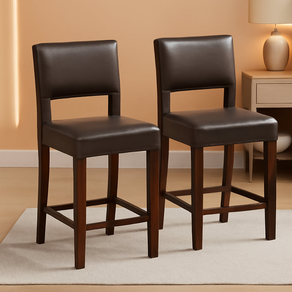 Counter Height Bar Stools Set Of Two, Twenty Four Point Five Inch, Brown Upholstered PVC Leather