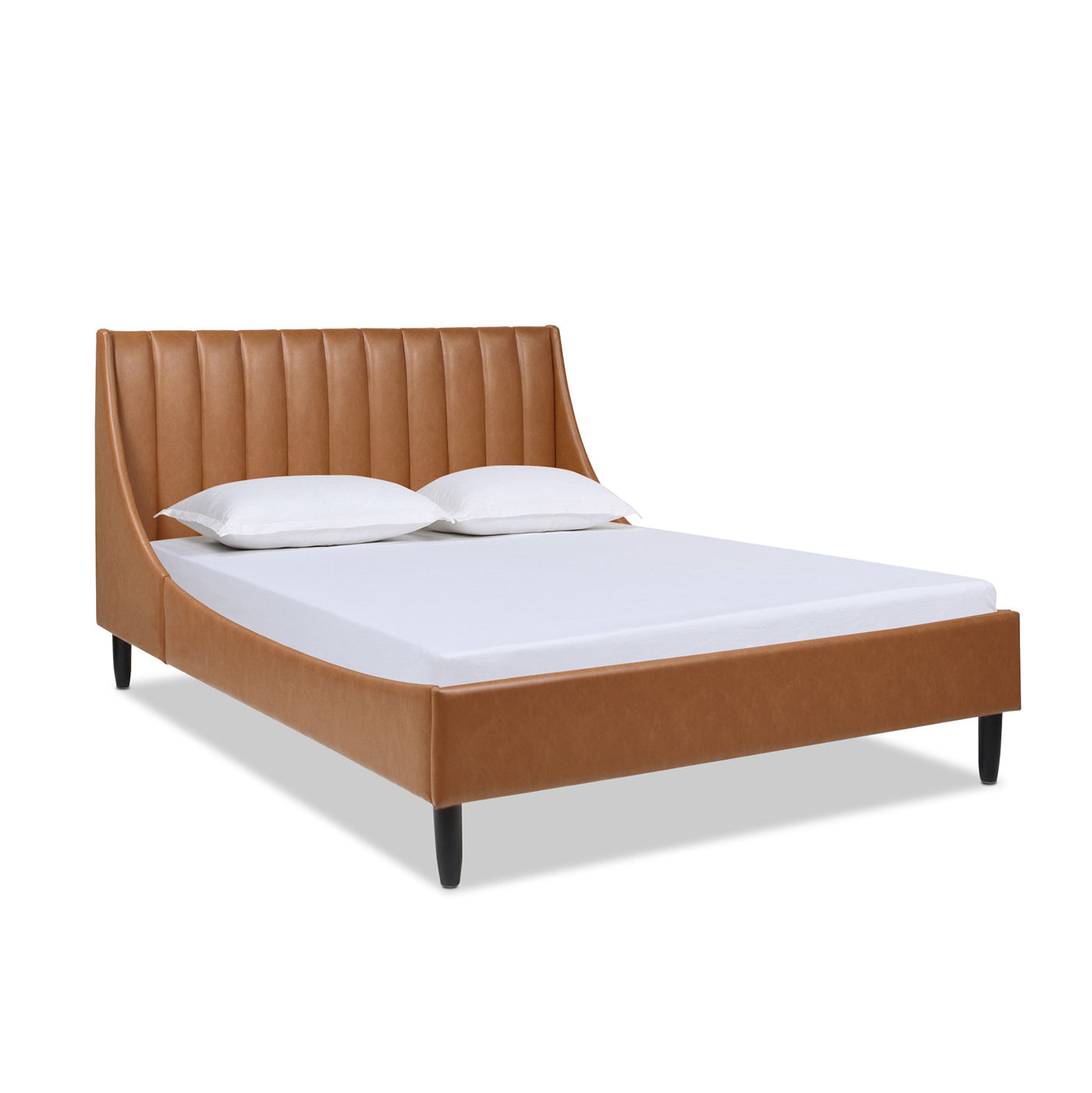 Aspen Vertical Tufted Modern Headboard Platform Bed Set, Queen, Caramel Tan Brown Faux Leather