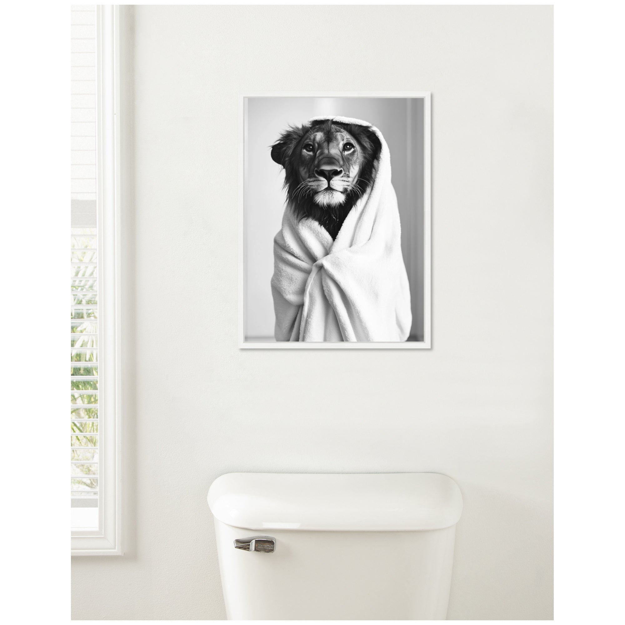 Sylvie Lioness Bathroom Art Towel Robe Black and White Framed Canvas by The Creative Bunch Studio