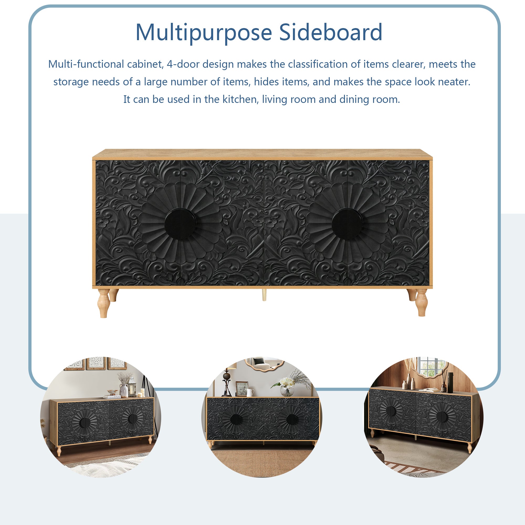 Black Carved Symmetrical Design Door And Wood Coloured Frame TV Stand