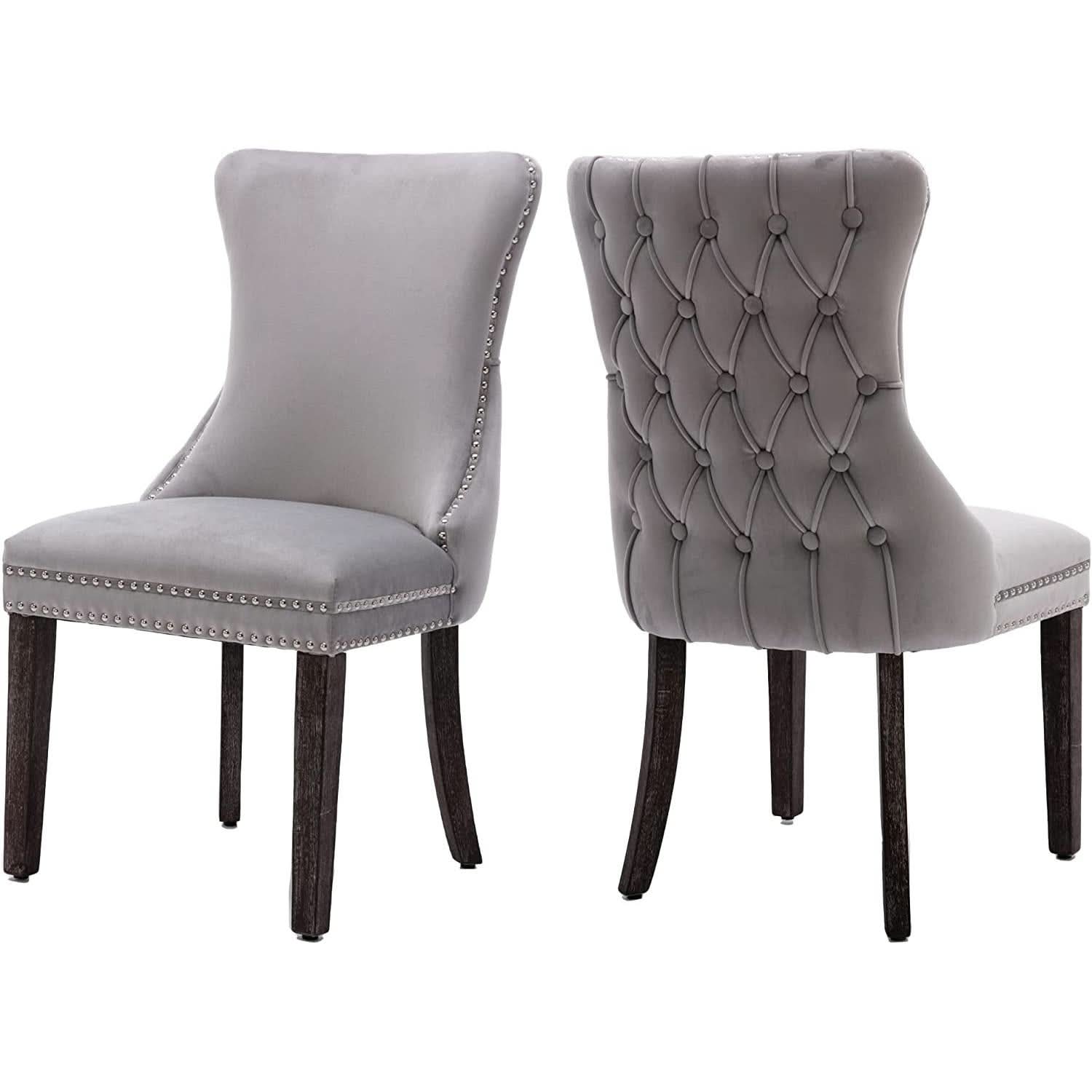 Set Of 2 Light Gray Velvet Tufted Wingback Dining Chairs Nailhead