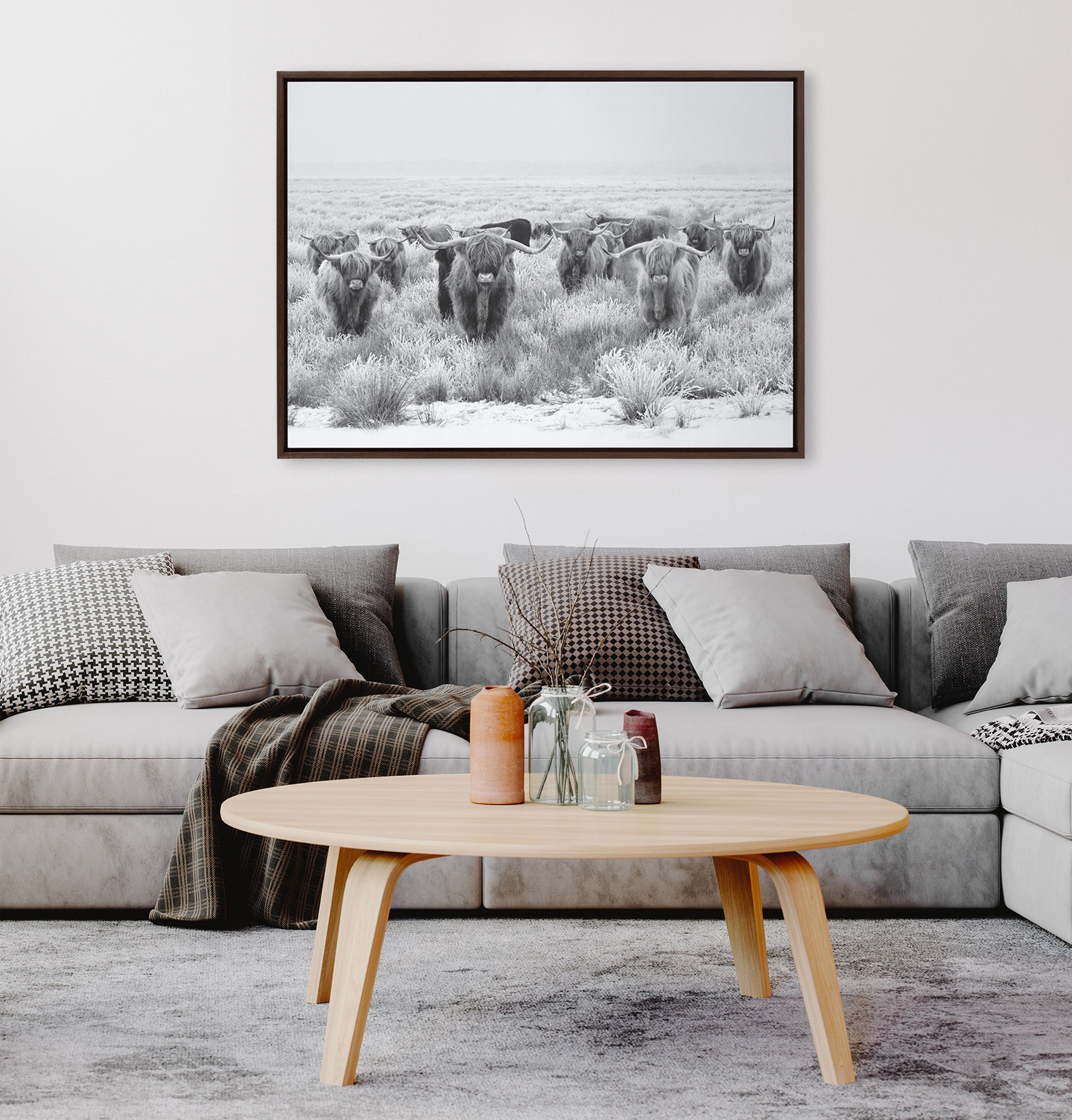 Sylvie Herd of Highland Cows Black and White Framed Canvas by The Creative Bunch Studio