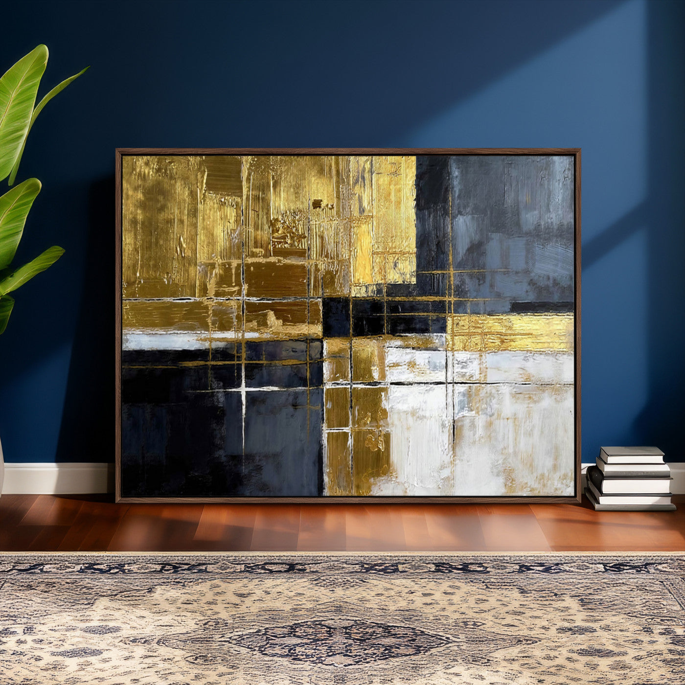 Gold Navy Abstract Wall Art Canvas Print, Modern Luxury