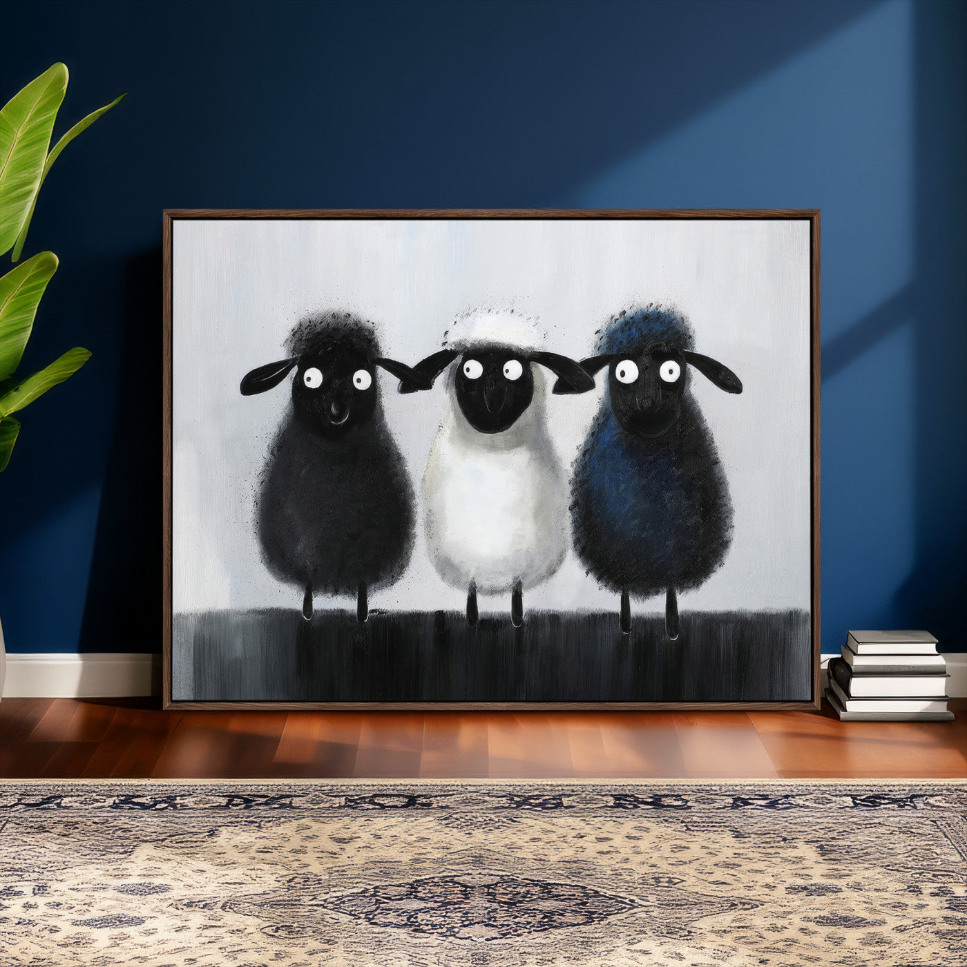 Funny Sheep Canvas Wall Art, Three Quirky Sheep Painting Print, Cute Animal Nursery Decor, Black White Navy Farmhouse Art, Kids Room Gift
