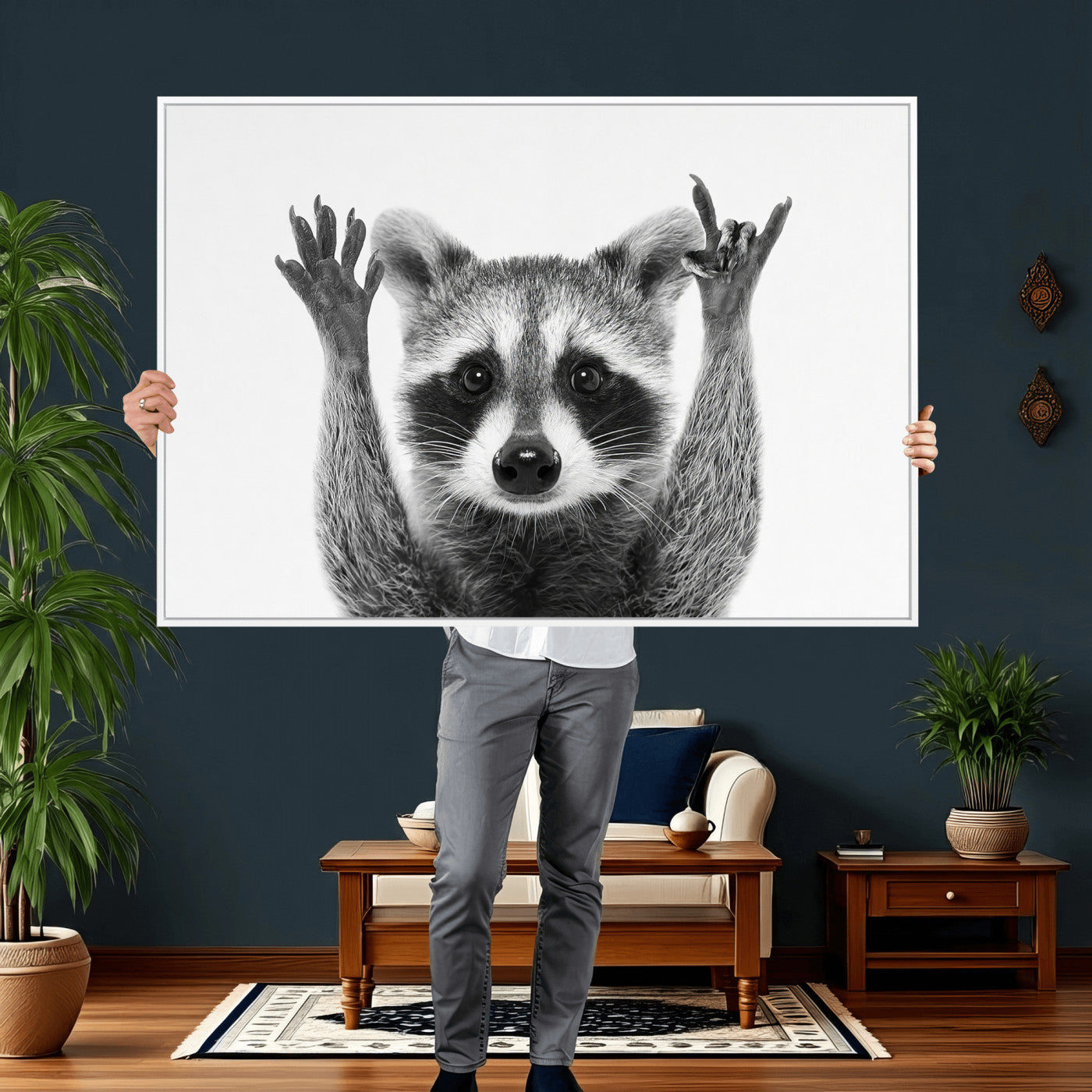 Funny Raccoon Canvas Wall Art, Black White Hands Up Animal Photo Print, Humorous Wildlife Decor, Kids Room Nursery Art, Quirky Animal Gift