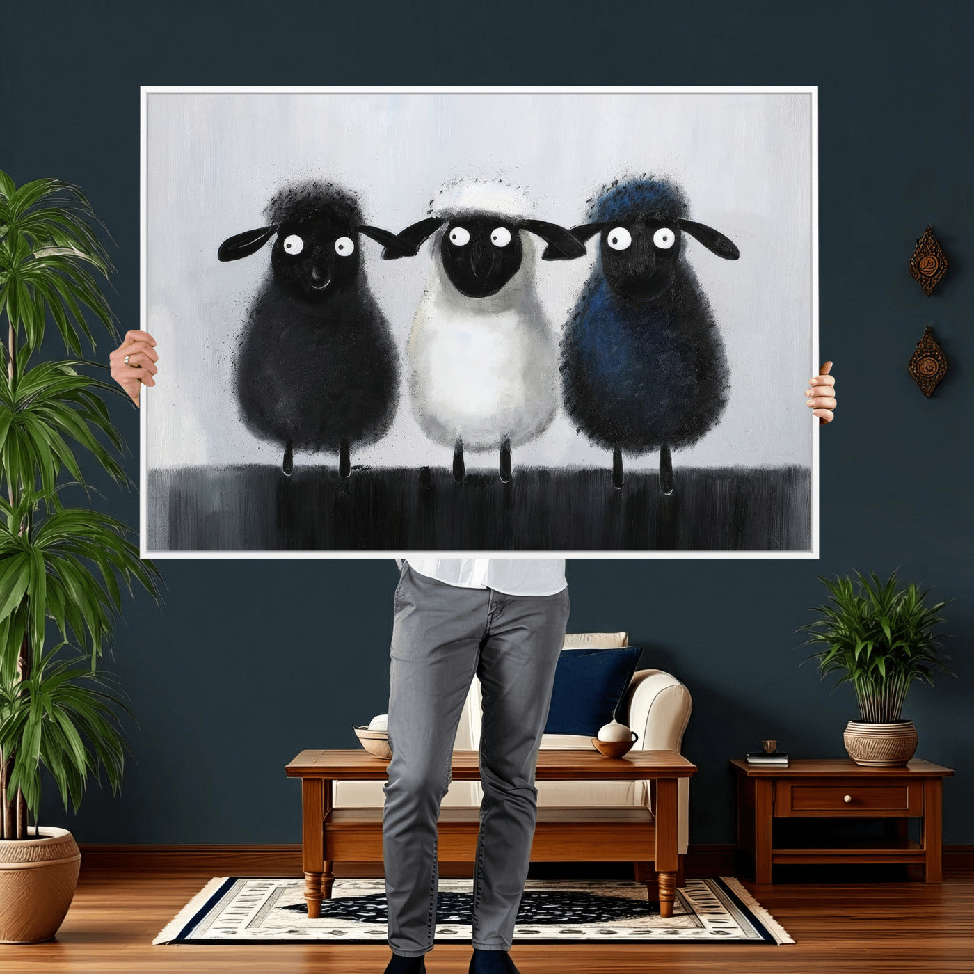 Funny Sheep Canvas Wall Art, Three Quirky Sheep Painting Print, Cute Animal Nursery Decor, Black White Navy Farmhouse Art, Kids Room Gift