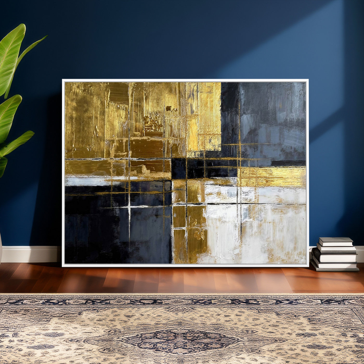 Gold Navy Abstract Wall Art Canvas Print, Modern Luxury