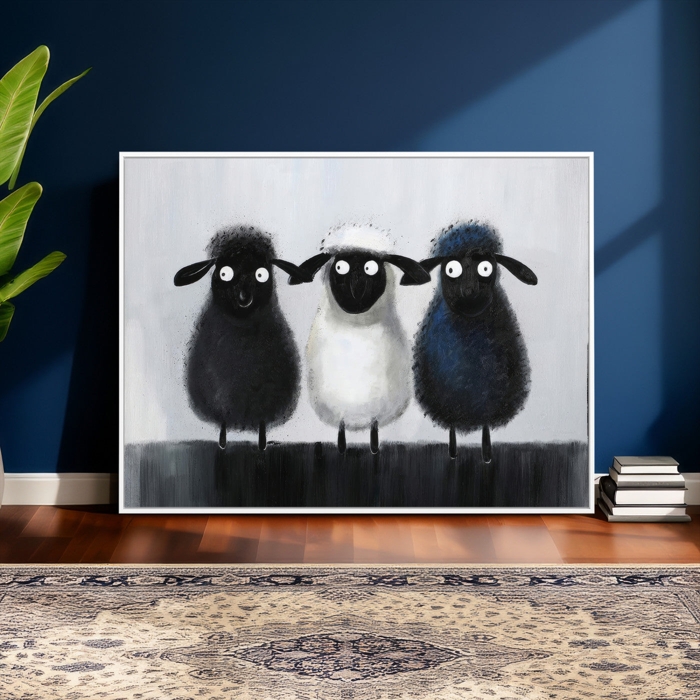 Funny Sheep Canvas Wall Art, Three Quirky Sheep Painting Print, Cute Animal Nursery Decor, Black White Navy Farmhouse Art, Kids Room Gift