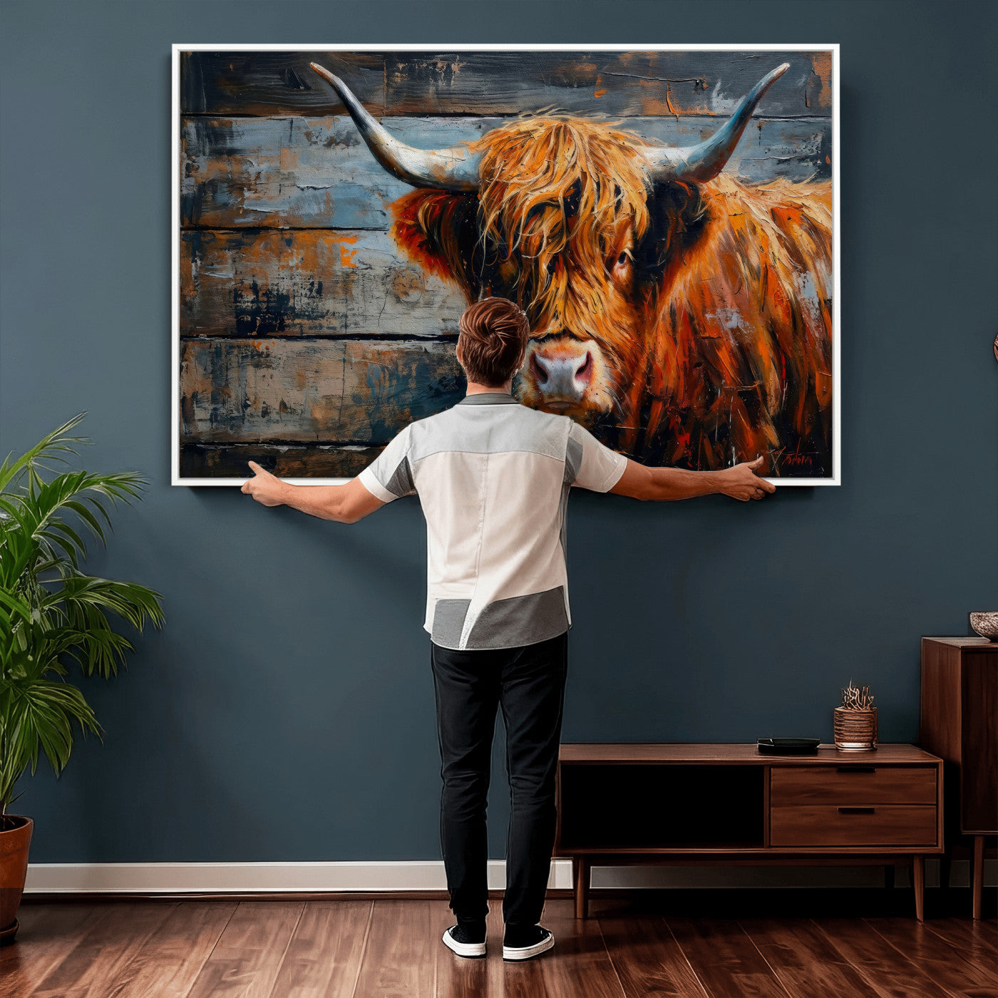 Highland Cow Wall Art Canvas Print, Abstract Rustic Farm