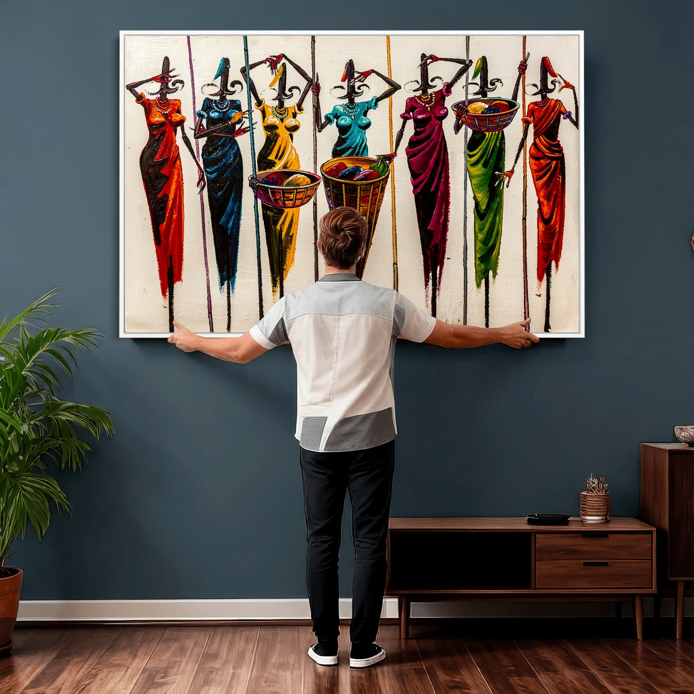 African Folk Art Canvas Wall Art, Colorful African Women Village Painting Print, Tribal Ethnic Home Decor, Vibrant African Art, Living Room