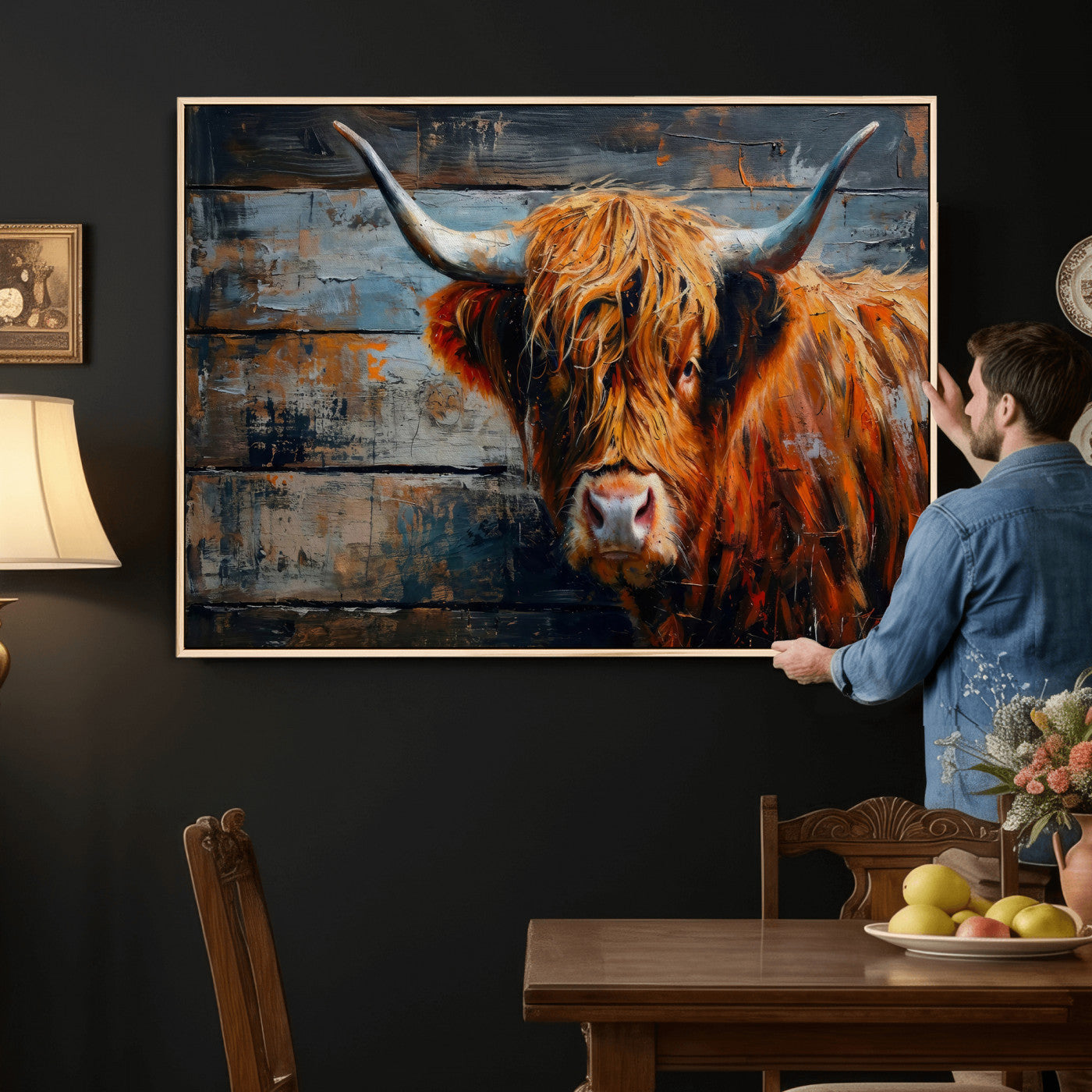 Highland Cow Wall Art Canvas Print, Abstract Rustic Farm