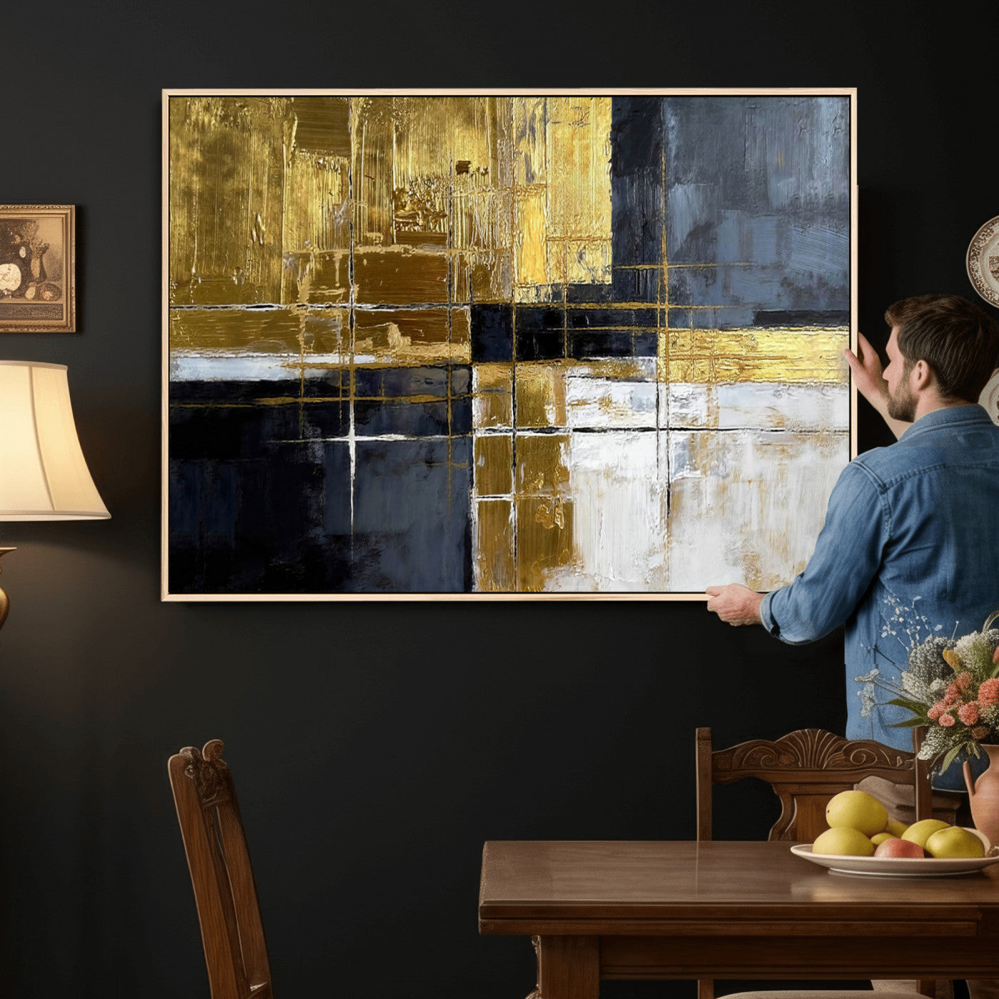 Gold Navy Abstract Wall Art Canvas Print, Modern Luxury