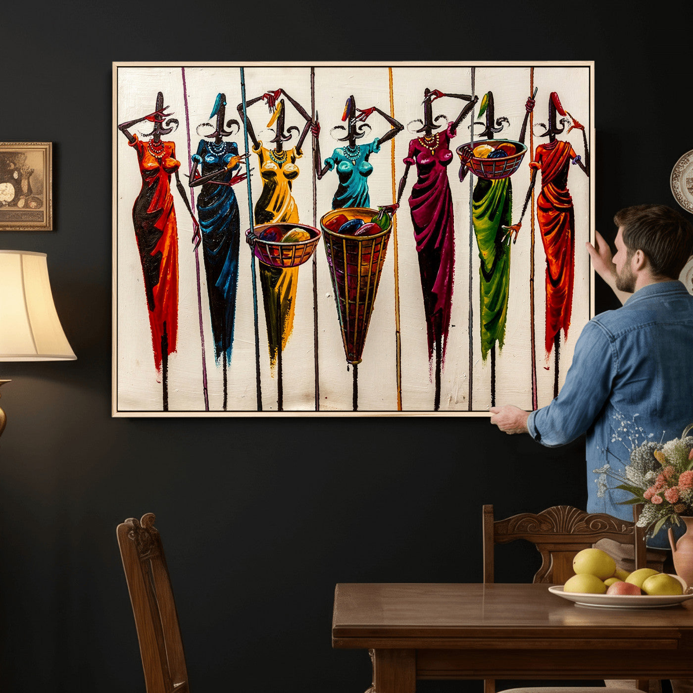 African Folk Art Canvas Wall Art, Colorful African Women Village Painting Print, Tribal Ethnic Home Decor, Vibrant African Art, Living Room