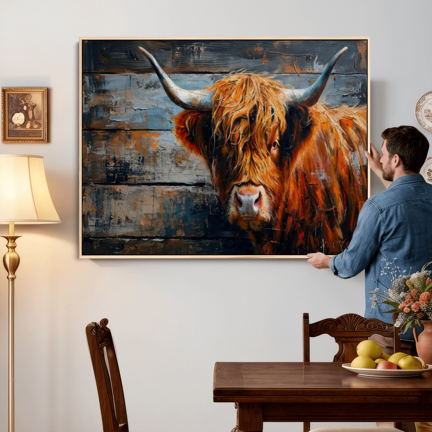 Highland Cow Wall Art Canvas Print, Abstract Rustic Farm