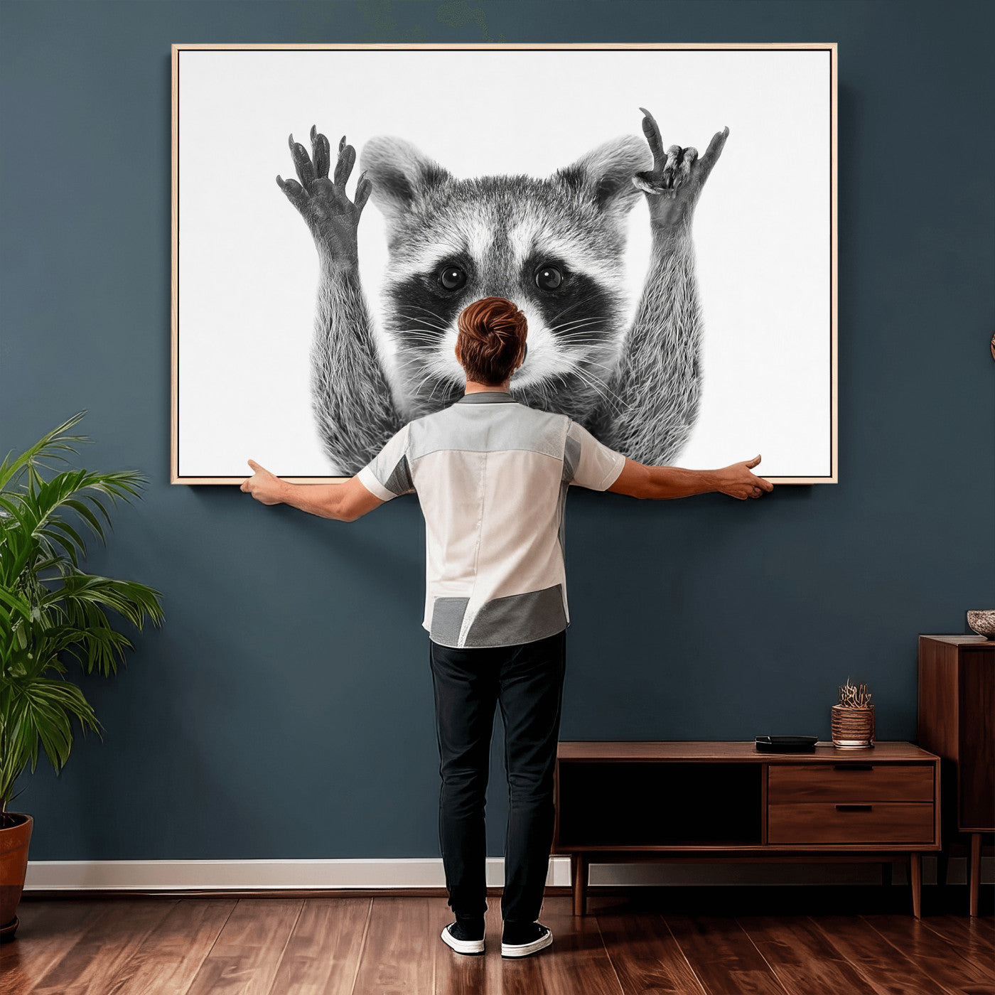 Funny Raccoon Canvas Wall Art, Black White Hands Up Animal Photo Print, Humorous Wildlife Decor, Kids Room Nursery Art, Quirky Animal Gift