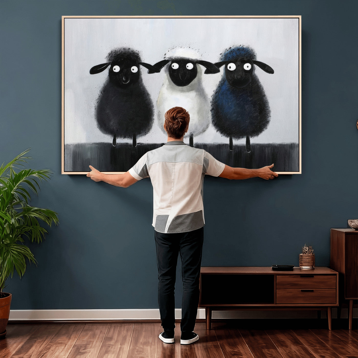 Funny Sheep Canvas Wall Art, Three Quirky Sheep Painting Print, Cute Animal Nursery Decor, Black White Navy Farmhouse Art, Kids Room Gift
