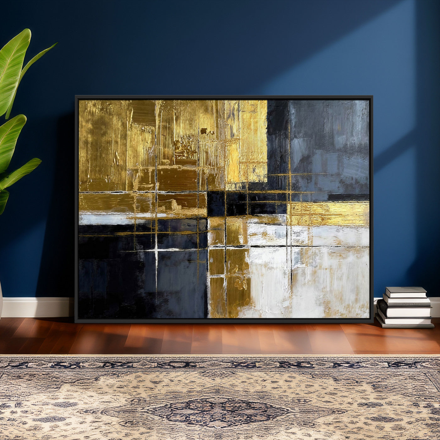 Gold Navy Abstract Wall Art Canvas Print, Modern Luxury