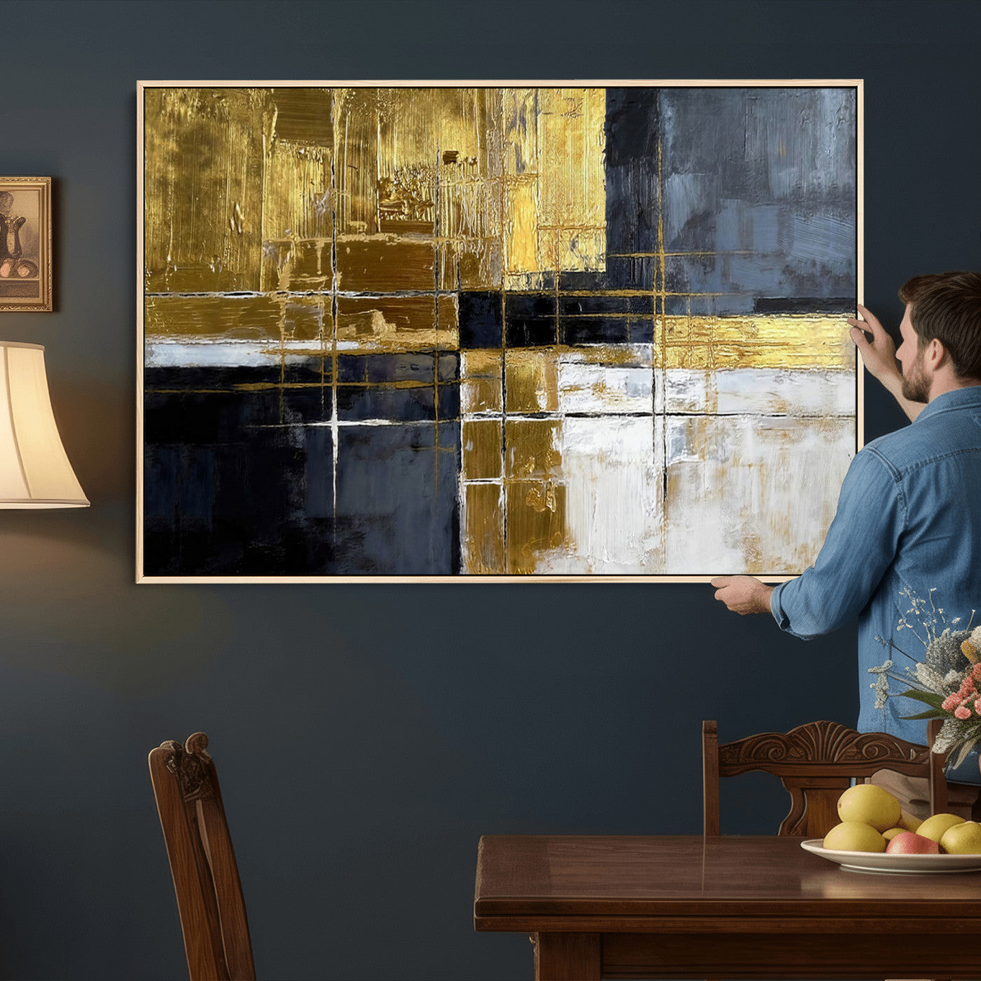 Gold Navy Abstract Wall Art Canvas Print, Modern Luxury