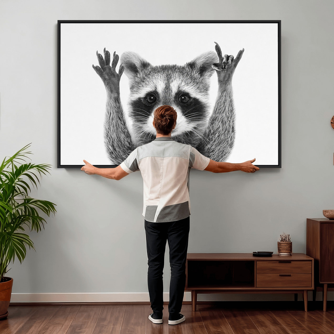 Funny Raccoon Canvas Wall Art, Black White Hands Up Animal Photo Print, Humorous Wildlife Decor, Kids Room Nursery Art, Quirky Animal Gift