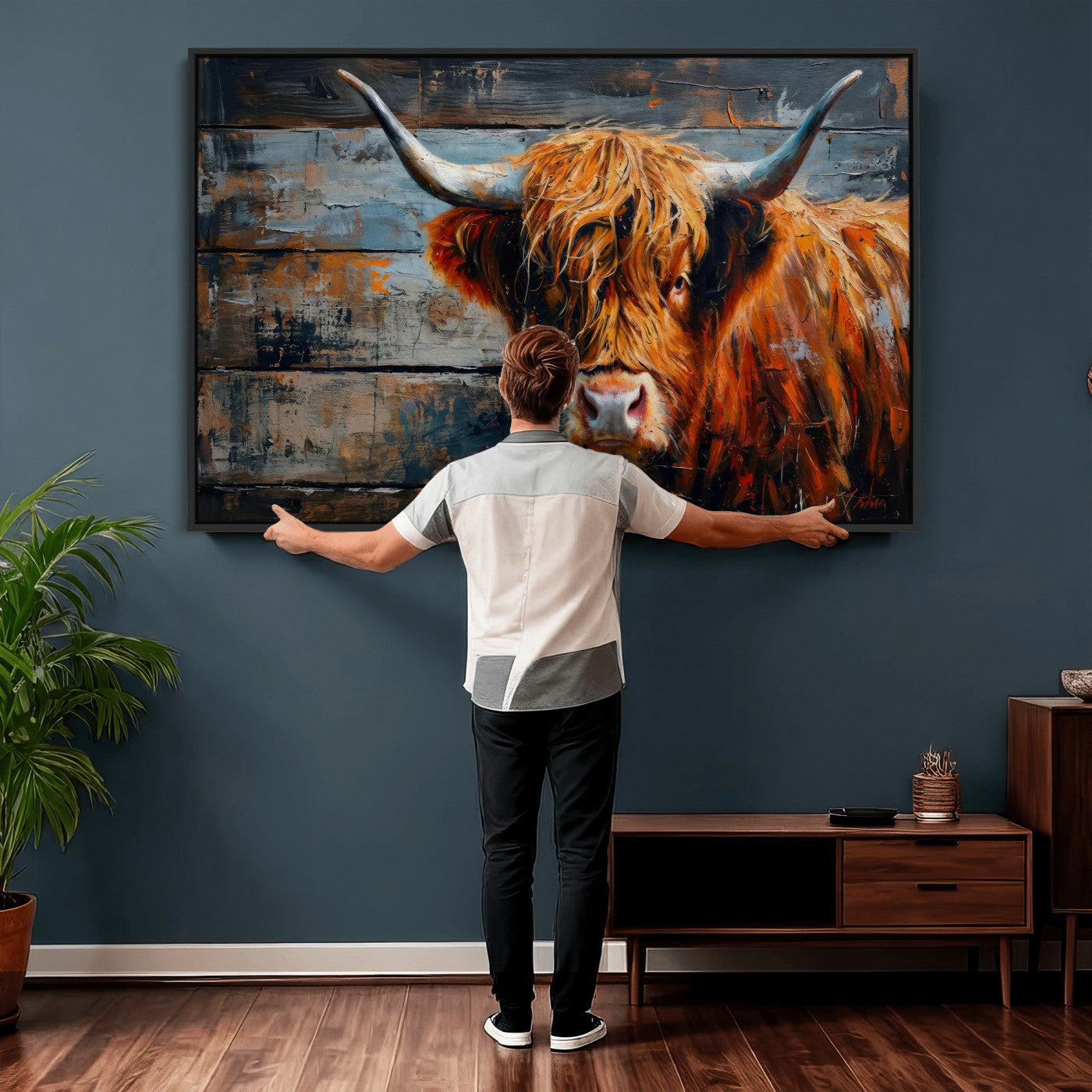 Highland Cow Wall Art Canvas Print, Abstract Rustic Farm
