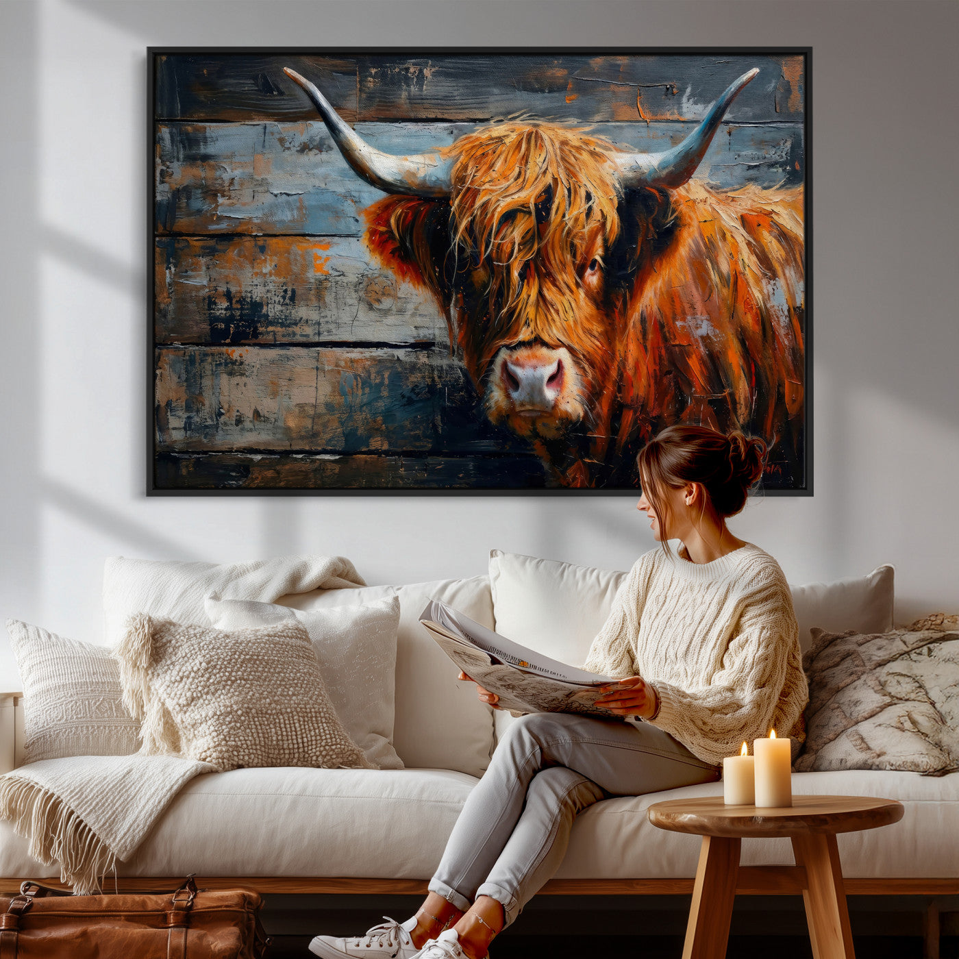 Highland Cow Wall Art Canvas Print, Abstract Rustic Farm