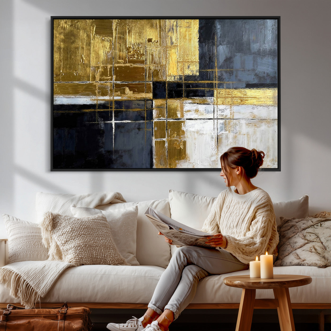 Gold Navy Abstract Wall Art Canvas Print, Modern Luxury