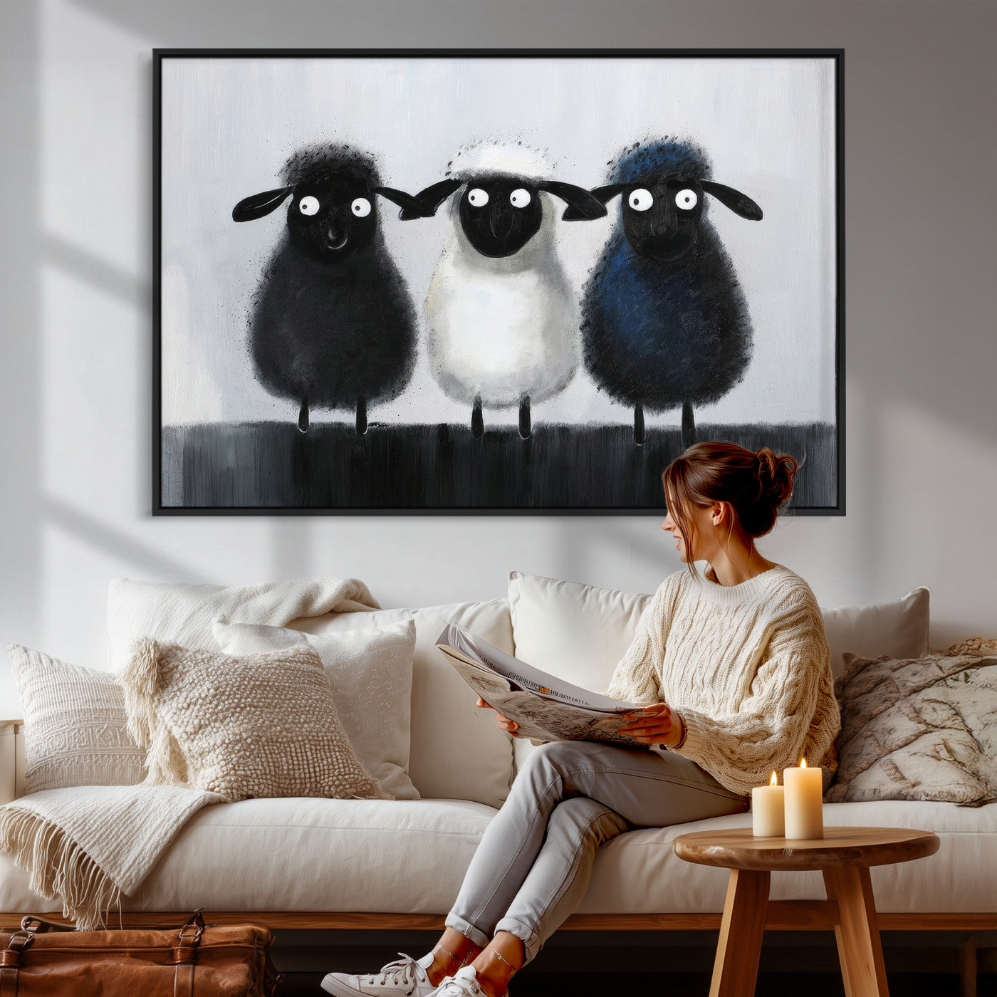 Funny Sheep Canvas Wall Art, Three Quirky Sheep Painting Print, Cute Animal Nursery Decor, Black White Navy Farmhouse Art, Kids Room Gift