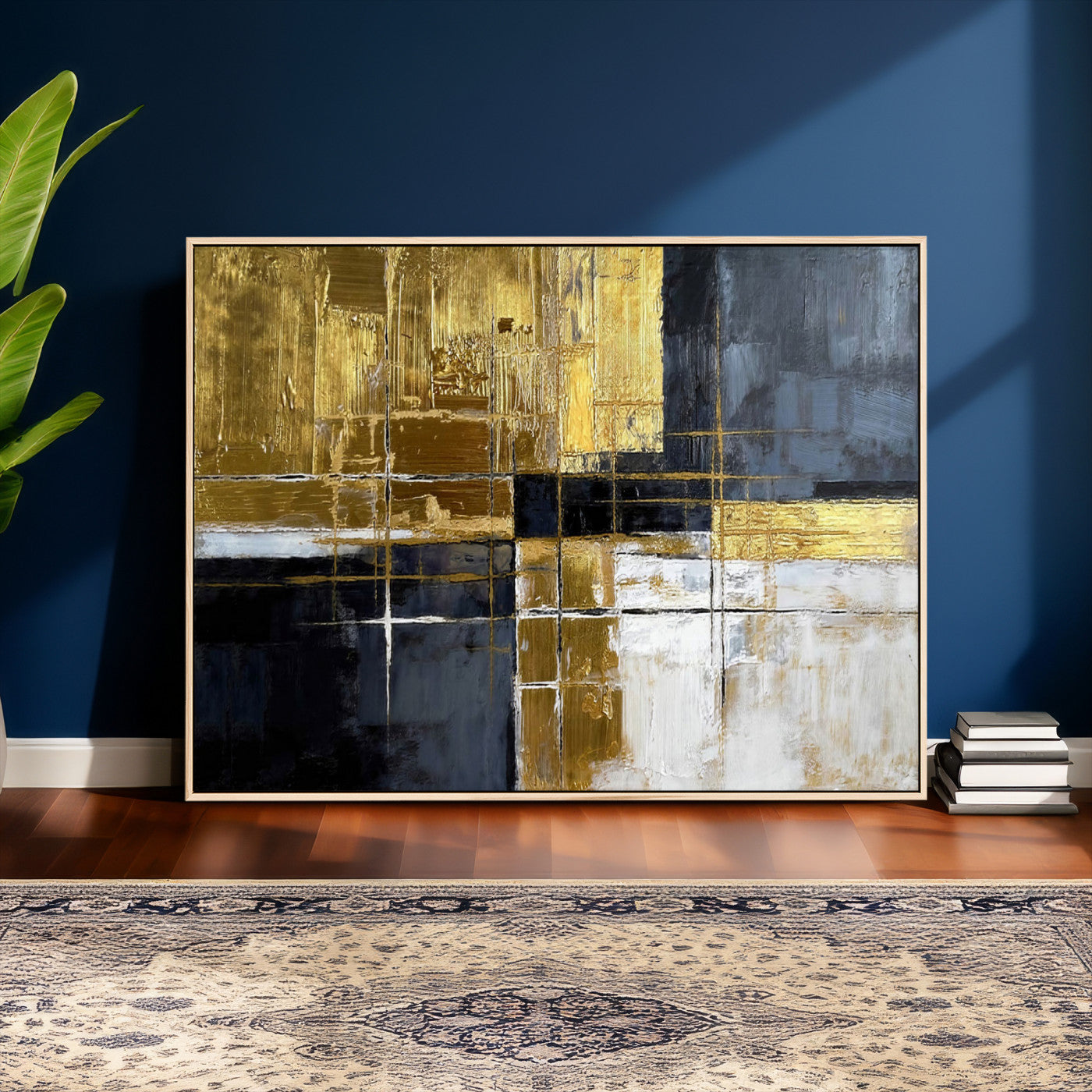 Gold Navy Abstract Wall Art Canvas Print, Modern Luxury