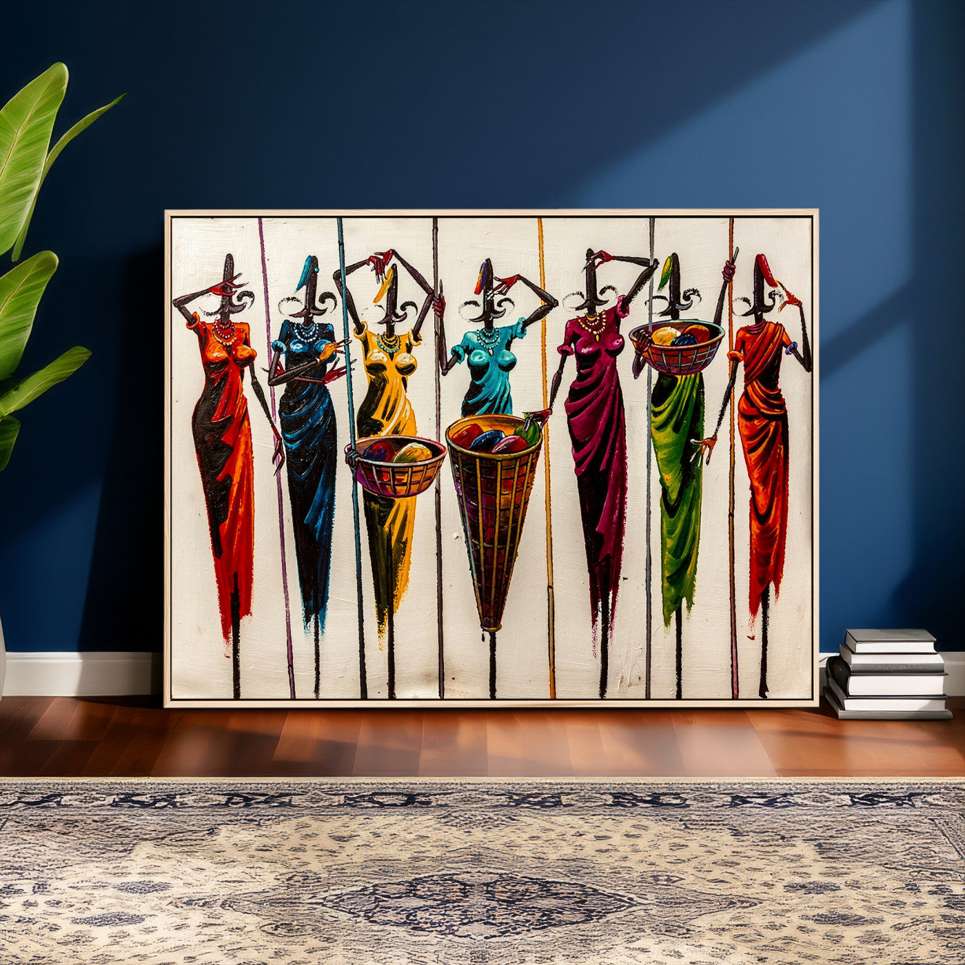 African Folk Art Canvas Wall Art, Colorful African Women Village Painting Print, Tribal Ethnic Home Decor, Vibrant African Art, Living Room